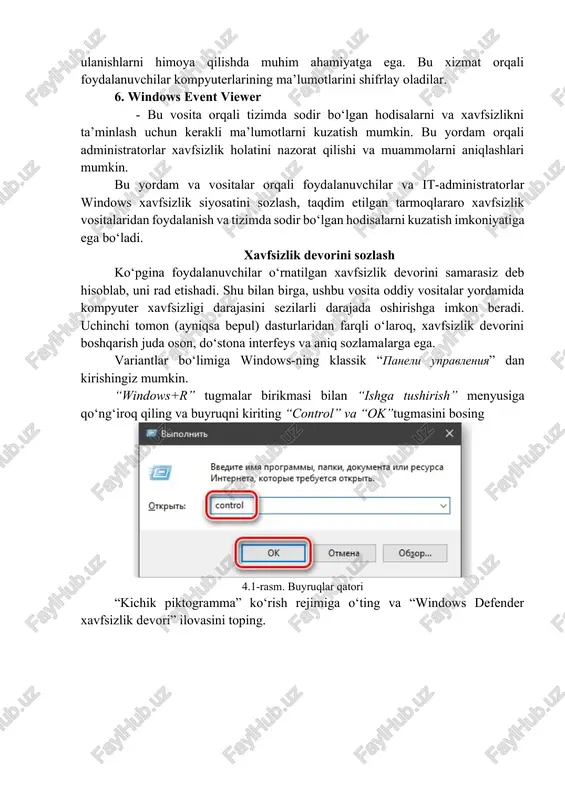 qtincha xavfsizlik tayyorlovchilarini o‘z ichiga oladi. 5. bitlocker - bitlocker, disklarni shifrlash uchun ishlatiladi va tarmoqlararo ulanishlarni himoya qilishda muhim ahamiyatga ega. bu xizmat orqali foydalanuvchilar kompyuterlarining ma’lumotlarini shifrlay oladilar. 6. windows event viewer - bu vosita orqali tizimda sodir bo‘lgan hodisalarni va xavfsizlikni ta’minlash uchun kerakli ma’lumotlarni kuzatish mumkin. bu yordam orqali administratorlar xavfsizlik holatini nazorat qilishi va muammolarni aniqlashlari mumkin. bu yordam va vositalar orqali foydalanuvchilar va it-administratorlar windows xavfsizlik siyosatini sozlash, taqdim etilgan tarmoqlararo xavfsizlik vositalaridan foydalanish va tizimda sodir bo‘lgan hodisalarni kuzatish imkoniyatiga ega bo‘ladi. xavfsizlik devorini sozlash ko‘pgina foydalanuvchilar o‘rnatilgan xavfsizlik devorini samarasiz deb hisoblab, uni rad etishadi. shu bilan birga, ushbu vosita oddiy vositalar yordamida kompyuter xavfsizligi darajasini sezilarli darajada oshirishga imkon beradi. uchinchi tomon (ayniqsa bepul) dasturlaridan farqli o‘laroq, xavfsizlik devorini boshqarish juda oson, do‘stona interfeys va aniq sozlamalarga ega. variantlar bo‘limiga windows-ning klassik “paneli upravleniya” dan kirishingiz mumkin. “windows+r” tugmalar birikmasi bilan …