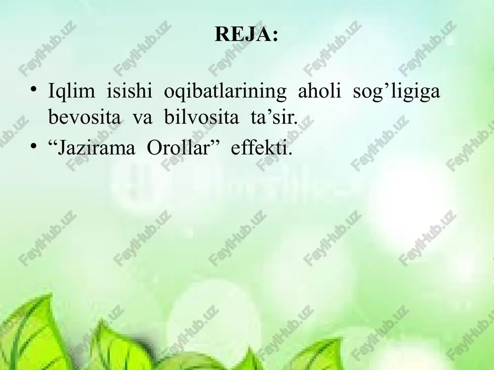 hak manbai bb dunyo aholisini 97-98% ni oziq ovqat b-n ta’minlaydi.yerlardan keng foydalanish suv va shamol erroziyasini (deflyattsiya) ga olib keldi. uning ta’siri ostida tuproqning yuqori unumdor qatlami pasayishiga olib keldi. tuproq resurslarini tanazzulga olib keladigan bu erozziyalar havfli ekologik omildir.sun e 31%, shamol e 34% ta’sir qiladi. o‘zbekiston urbanizatsiya, ya’ni rivojlanishdagi shaharlar rolini oshirish darajasini 2030 yilga kelib 60% ga yetkazishni rejalashtirmoqda. bu qishloq xo‘jaligida band bo‘lganlar ulushi qisqaradi va shaharlarda kambag‘allik o‘sishiga yo‘l qo‘ymaslik maqsadida oziq-ovqat narhini odamlarning daromadlariga mos ravishda qisqartirgan holda soha ishlab chiqarishini oshirish lozim bo‘ladi, demakdir, jahon sog'liqni saqlash tashkilotining ma'lumotlariga ko'ra, iqlimning isishi inson sog'lig'i uchun chekish, alkogol iste'mol qilish, noto'g'ri ovqatlanish kabi juda katta xavf tug'diradi. iqlim isishining oqibatlari aholi sog'lig'iga bevosita va bilvosita ta'sir ko'rsatishi mumkin. bevosita ta'sir oqibatlariga suv toshqinlari, dovullar, to'fonlar, bo'ronlar natijasida halokatga uchragan odamlarni kiritish mumkin. iqlim isib borgan sari ularning soni ham ortishi mumkin. bundan tashqari …
