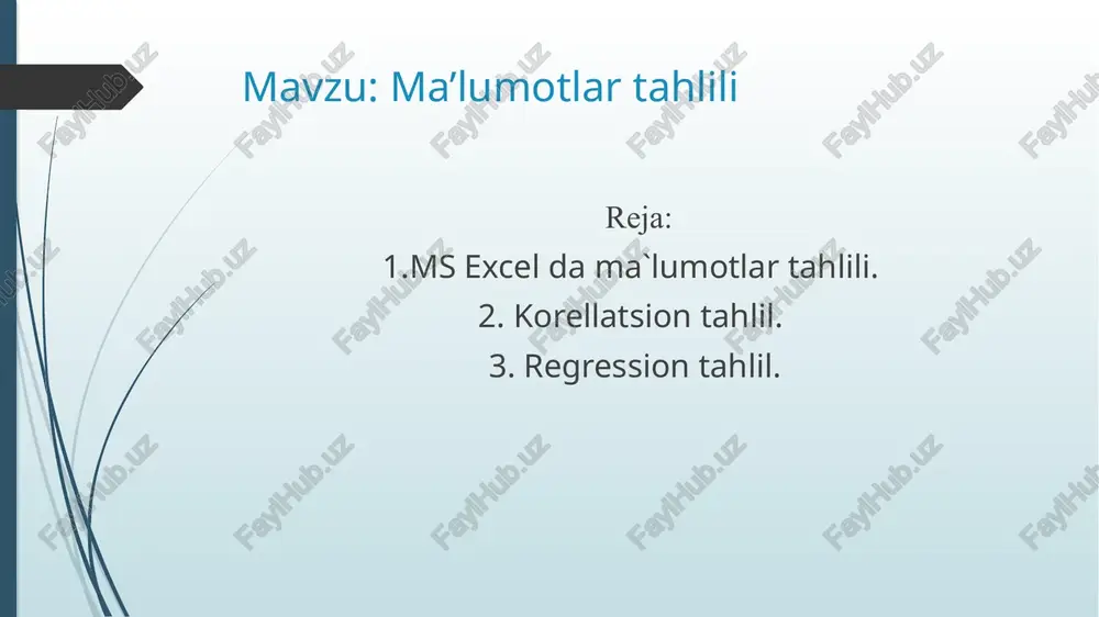 lumotlarni tahlil qilish to'plamiga kiritilgan vositalar tools menyusining data analysis buyrug'i orqali mavjud. agar menyuda ushbu buyruq bo'lmasa, asboblar / qo'shimchalar menyusida "tahlil to'plami" bandini faollashtirish kerak. keyinchalik, tahlil paketiga kiritilgan ba'zi vositalarni ko'rib chiqamiz. ta'riflovchi statistika. ta'riflovchi statistika - bu raqamli ma'lumotlarning massasini tushunish va muhokama qilish oson bo'lgan shaklga aylantirish uchun ishlatiladigan miqdoriy ma'lumotlarni to'plash va umumlashtirish texnikasi. ta'riflovchi statistikaning maqsadi kuzatishlar va tajribalardan olingan dastlabki natijalarni umumlashtirishdir. biz ma`lumotlar tahlili bilan ishlashda excelda foydalanamiz va undagi qator va stunlar orqali jadval yaratamiz. exselda ish bajarih juda qulay va ishimizni ancha yengillatadi.masalan, jadval tuzsak ya`ni 18 ta o`quvchidan iborat sinf o`yxatini rasmdaidek tuzib olsak. biz bu jadvaldagi har bir o`quvchining yil davomidagi bahosini qoshib chiqishimiz, o`rtachasini topishimiz ,matnli jadvallar soni, bo`h jadvallar soni va bir qator yengilliklar keltiruvchi formulalar qoyish orqali matnni thirlashimiz mumkin. farzona, [30.05.2025 17:10] excelda tayyorlanadigan ma’lumotli jadvallar matn yoki sonlar bilan to‘ldirishligini yuqorida aytib …