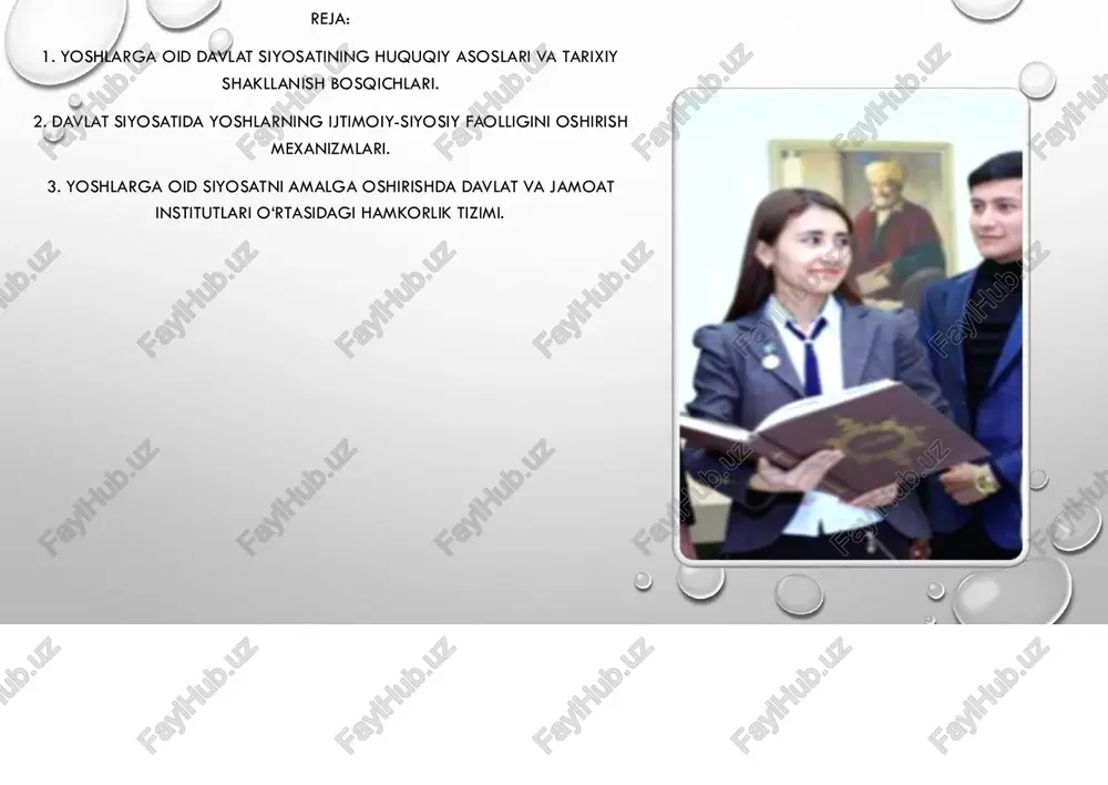 bekiston yoshlari siyosatining istiqbollarini belgilash va milliy modelini mustahkamlash. hozirgi kunda yoshlarga berilayotgan imkoniyatlar bugungi kunda o‘zbekiston respublikasida yoshlar davlat siyosatining eng muhim subyekti sifatida e’tirof etilgan. yoshlarga yaratilayotgan imkoniyatlar ularning ta’lim olishi, kasb-hunar egallashi, bandligini ta’minlash, tadbirkorligini rivojlantirish, sog‘lom turmush tarz ini shakllantirish va ijtimoiy faolligini oshirishga qaratilgan. ta’lim va kasbiy rivojlanish imkoniyatlari yoshlarning zamonaviy bilim olishini ta’minlash maqsadida yangi oliy ta’lim muassasalari, filiallar va texnikumlar ochilmoqda. “el-yurt umidi”, “temurbeklar maktabi”, “yoshlar akademiyasi” kabi dasturlar orqali iqtidorli yoshlar xorijda o‘qish va ilmiy faoliyat olib borish imkoniga ega bo‘lmoqda. har bir yosh uchun “ustoz-shogird” tizimi joriy etilib, amaliy kasbiy tajriba orttirish sharoiti yaratilmoqda. bandlik va tadbirkorlikni qo‘llab-quvvatlash “yoshlar daftari”, “yoshlar balansi” kabi tizimlar orqali ishsiz yoshlarni aniqlash va ularni kasbga yo‘naltirish ishlari olib borilmoqda. “yoshlar tadbirkorligini qo‘llab-quvvatlash jamg‘armasi” orqali imtiyozli kreditlar, subsidiya va grantlar ajratilmoqda. qishloq joylarda “yoshlar mehnat oromgohlari”, “yoshlar markazlari” barpo etilmoqda ma’naviy-ma’rifiy va madaniy imkoniyatlar. yoshlar uchun …