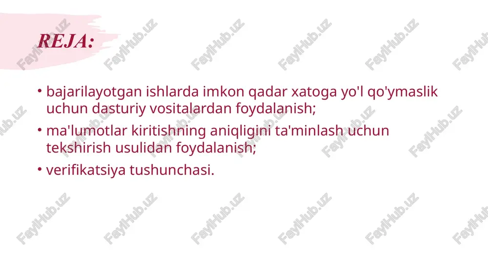 dagi muammo tufayli yoki harflarni juda tez terishingiz sababli so'zdagi ba'zi belgilar tushib qolishi (yoki ortiqcha belgilar qo'shilib qolishi) mumkin. bu kabi xatolar sirasiga odatiy xatolarga so'zlar orasida bo'sh joy qoldirmay ketish yoki so'zdagi harflar tartibining buzilishi misol bo'ladi. replace uskunasi qo'llangan so'zni tuzatishning yana bir usuli replace odatda imloviy xato bilan yozilgan yoki noto'g'ri uskunasidan foydalanishdir. ushbu uskuna katta hajmli matnlarda noto'g'ri yozilgan so'zlarni tuzatish jarayoni uchun imlo tekshirish dasturi o'rniga foydalanilsa, vaqtingizni ancha tejaydi. replace uskunasi imloni tekshiruvchi dasturda mavjud bo'lmagan boshqa vazifalarni ham bajara oladi. masalan, siz bir so'zni takroran bir xil xato bilan noto'g'ri qo'llagan bo'lsangiz, replace uskunasi orqali bir harakat bilan shu so'zning barcha noto'g'ri shakllarini to'g'risi bilan almashtirish mumkin. xatolarni kamaytirish uchun validatsiya tartibidan foydalanish validatsiya ma'lumotlarni elektron jadvalga, ma'lumotlar bazasiga kiritishda yoki onlayn shaklni to'ldirishda tekshirish usuli yordamida noto'g'ri ma'lumotlar kiritilishini kamaytiradi. demak, validatsiya ma'lumot noto'g'ri kiritilishining oldini oluvchi usul hisoblanadi. ma'lumotlar bazasi …