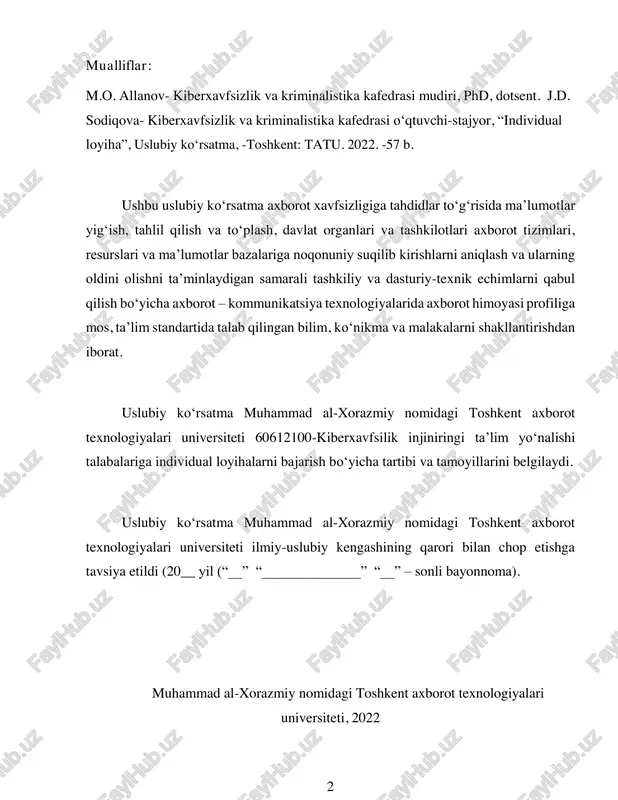 yoziladi. individual loyihaning asosiy maqsadi talabalarni tanlangan mavzuning ilmiy- amaliy muammolarini aniqlash, ularning yechimini topish bo‘yicha ko‘nikmalarni shakllantirishdan iborat. individual loyiha yozishning vazifalari quyidagilardan iboratdir:  ixtisoslik fanlardan o‘tilgan nazariy materiallarni mustahkamlash va talabalarni muammoli mavzuni ilmiy nuqtai-nazardan yoritib berishga hamda amaliyotga tadbiq qilishga yo‘naltirilgan taklif va tavsiyalar ishlab chiqishga o‘rgatish;  talabalarda aniq muammoni qo‘yish va uni yechish qobiliyatini rivojlantirish;  talabalarni ilmiy va amaliy faoliyatda adabiyotlar, amaliy tahliliy va statistik ma'lumotlar va boshqa materiallardan foydalanishga o‘rgatish. individual loyiha mavzusining yoritilishi va uning talab darajasida bajarilishi talaba ilmiy-nazariy tayyorgarligining muhim ko‘rsatkichlaridan biri hisoblanadi. 2. individual loyihani yozishga tayyorgarlik 2.1 individual loyiha mavzusini tanlash bakalavriat yo‘nalishlari bo‘yicha mutaxassislar tayyorlashning muhim qismi bo‘lgan individual loyiha ixtisoslik fanlarining nazariy qismini mustahkamlash uchun zarur bo‘lib, individual loyiha yozish uchun tanlangan fan(predmet) ishchi o‘quv rejasiga kafedra majlisi qarori asosida aniqlanadi. talaba tomonidan individual loyihani muvaffaqiyatli bajarish ko‘p jihatdan mavzuni to‘g`ri tanlab olishga bog‘liqdir. talaba …