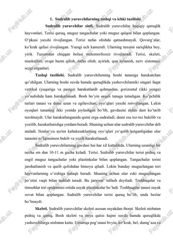 unday muguzlangan teri hayvonlarning o’sishiga halaqit beradi. shuning uchun ular eski muguzlangan po’stini vaqti bilan tashlab turadi. bu jarayon’ tullash deyiladi. toshbaqalar va timsohlar teri epidermisi ostida suyak plastinkalar bo’ladi. toshbaqalar tanasi suyak sovut bilan qoplangan. sudralib yuruvchilar terisi quruq bo’lib, unda bezlar bo’lmaydi. skeleti. sudralib yuruvchilar skeleti asosan suyakdan iborat. skeleti nisbatan pishiq va qattiq. bosh skeleti va miya qutisi hajmi suvda hamda quruqlikda yashovchilarga nisbatan katta. umurtqa pog’onasi bvyin, ko’krak, bel, dumg’aza va dum bo’limlaridan iborat. birinchi bo’yin umurtqasi halqasimon bo’lgan, boshni o’z o’qi atrofida aylanishga yordam beradi. ko’krak umurtqalari qovurg’alar yordamida to’sh suyagi bilan tutashib, ko’krak qafasini hosil qiladi. bel umurtqalariga birikadigan qovurg’alar kalta; to’sh suyagiga tutashmaydi. dumg’aza umurtqalari ikkita, dum umurtqalari ko’p (toshbaqalardan tashqari). oyoqlar va ular kamari skeleti ham suvda hamda quruqlikda yashovchilar singari suyaklardan iborat. lekin sudralib yuruvchilar oyo’qlari skeleti yaxshiroq rivojlangan va pishiq bo’ladi. ularning kaftoldi va kaft suyaklari harakatchan bo’g’imlar orqali o’zaro …