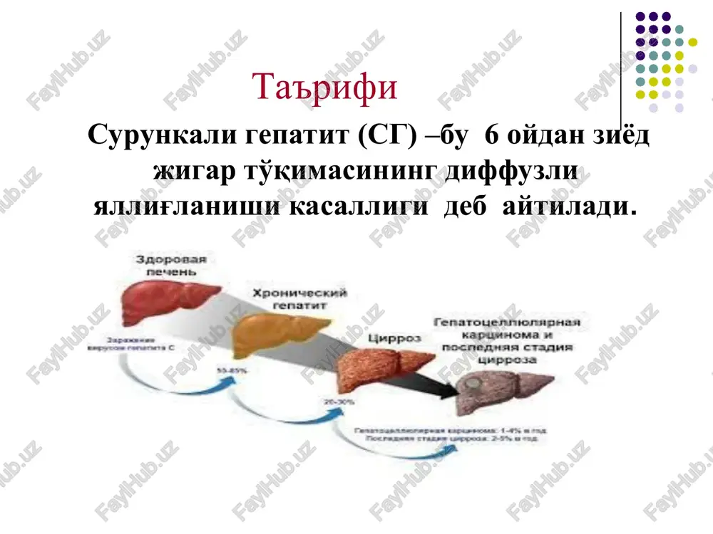 nie, rabota belkov i retseptorov, raspolojennix na ney i mnogie drugie; mitoxodrii – obespechenie kletki energiey; kompleks goldji – sekretornaya funktsiya, a takje obezvrejivanie toksichnix produktov; endoplazmaticheskiy retikulum – sintez belka, yadro – xranenie geneticheskoy informatsii, delenie i regeneratsiya kletki. t.o. efl vxodyat v sostav vsex jiznenno vajnix komponentov kletki i obespechivayut ee normalnoe funktsionirovanie. hujayra organellalarining vazifalari membrana (hujayra kobig'i). asosiy vazifasi – himoya, transport, gomeostazni ta'minlash, bo'linish, unda joylashgan oqsil va retseptorlar bilan ishlash va b.; mitoxondriya – hujayrani energiya bilan ta'minlash; goldji kompleksi – sekretor funktsiya, hamda toksik maxsulotlarni zararsizlantirish; endoplazmatik retikulum – oqsil sintezi, yadro – genetik ma'lumotni saqlash, hujayraning bo'linishi va regeneratsiyasi. jigar funktsiyasi gepatotsitlar orqali bajariladi oqsil, lipidlar va glyukoza metabolizmi oqsillar sintezi- xamma plazma oqsillari immunoglobulinlardan tashqari( antitanachalar, v limfotsitlar sintezi) detoksikatsiya - inaktivatsiya bulgan gormonlarni, dori vositalarini qoldiqlarini yo'qotish safro ishlab chikazish (ovqat xazm kilishda va preparatlarni parchalash uchun axamiyatli temir moddalar, …