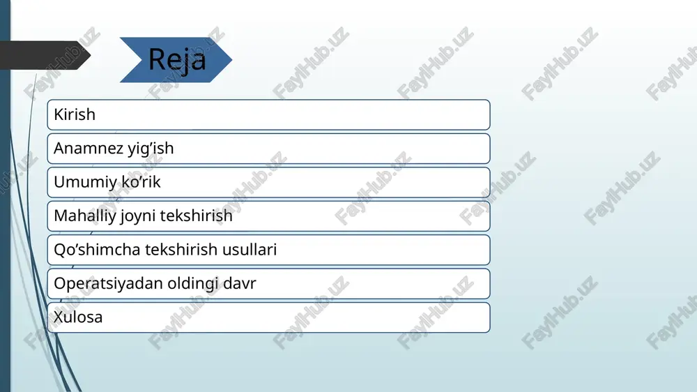shirish usuli, ya’ni jarroh yoki shifokor a’zolar holatini qo’l orqali sezish orqali aniqlaydi palpatsiya turlari:2 ta yuzaki palpatsiya- teri,yuzaki mushaklarni holatini aniqlash chuqur palpatsiya-ichki a’zolarni paypaslab tekshirish palpatsiya o’tkazish qoidalari: bemor tinch holatda bo’lishi kerak shifokor qo’li toza quruq bo’lishi kerak harakatlar og’riq keltirmaydigan bo’lishi kerak palpatsiya yengil bosishdan boshlab,asta-sekin chuqurlashtiriladi perkussiya –lot.(urish, taqillatish bu tana yuzasiga urib hosil bo’lgan tovush orqali ichki a’zolar holatini aniqlash 2 xil turi bor bevosita –to’g’ridan-to’g’ri barmoq yoki qo’l bn to’g’ridan to’g’ri tana yuzsiga yengil urish bilvosita – bir qo’lning barmog’i tana yuzasiga qo’yiladi 2-barmog’i bn unga uriladi bu usul auenbrugger usuli qo’shimcha tekshirish usullari qo‘shimcha tekshirish usullari — bu laborator, instrumental va maxsus diagnostik usullar bo‘lib, ular yordamida ichki a’zolarning holati, qon, siydik va boshqa ko‘rsatkichlar aniqlanadi. ular tashxisni aniqlashtirish, kasallik og‘irligini baholash va davolash natijasini kuzatish uchun kerak bo’ladi. labarator usullar umumiy qon tahlili umumiy siydik tahlili biokimyoviy tahlil qon guruhlari koagulogramma …