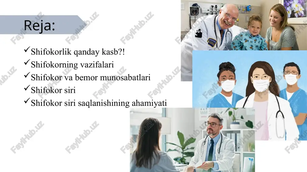 laka oshirish, seminarlarda qatnashish). yangi diagnostika va davolash uslublarini o‘zlashtirish. shifokor va bemor munosabatlari shifokor va bemor munosabatlari — bu tibbiyotdagi eng muhim ijtimoiy va axloqiy munosabatlardan biridir. ular o‘zaro ishonch, hurmat, tushunish va kasbiy etikaga asoslanadi. bu munosabatlar nafaqat davolanish jarayoniga, balki bemorning sog‘ayishiga ham katta ta'sir ko‘rsatadi. qonuniy jihatlar: har bir bemor sifatli tibbiy xizmat olish huquqiga ega. shifokor esa kasbiy vazifasini vijdonan bajarish majburiyatiga ega. davolanishni boshlashdan oldin, bemordan rozilik olinishi shart (agar holat shoshilinch bo‘lmasa). shifokor va bemor o‘rtasidagi munosabatlarning asosiy tamoyillari: 1. ishonch bemor shifokorga o‘z sog‘lig‘i haqida to‘liq va rost ma’lumot beradi. shifokor esa bu ma’lumotdan faqat tibbiy maqsadda foydalanadi va sir saqlaydi. 2. hurmat har ikki tomon bir-birining huquqlarini va shaxsiyati hurmat qiladi. shifokor bemorni kamsitmaydi, sabr bilan eshitadi. bemor esa shifokorning vaqtiga va mehnatiga hurmat bilan yondashadi. 3. axborot berish (ma’lumotli rozilik) shifokor bemorga uning kasalligi, davolash usullari, xavf va natijalari haqida …