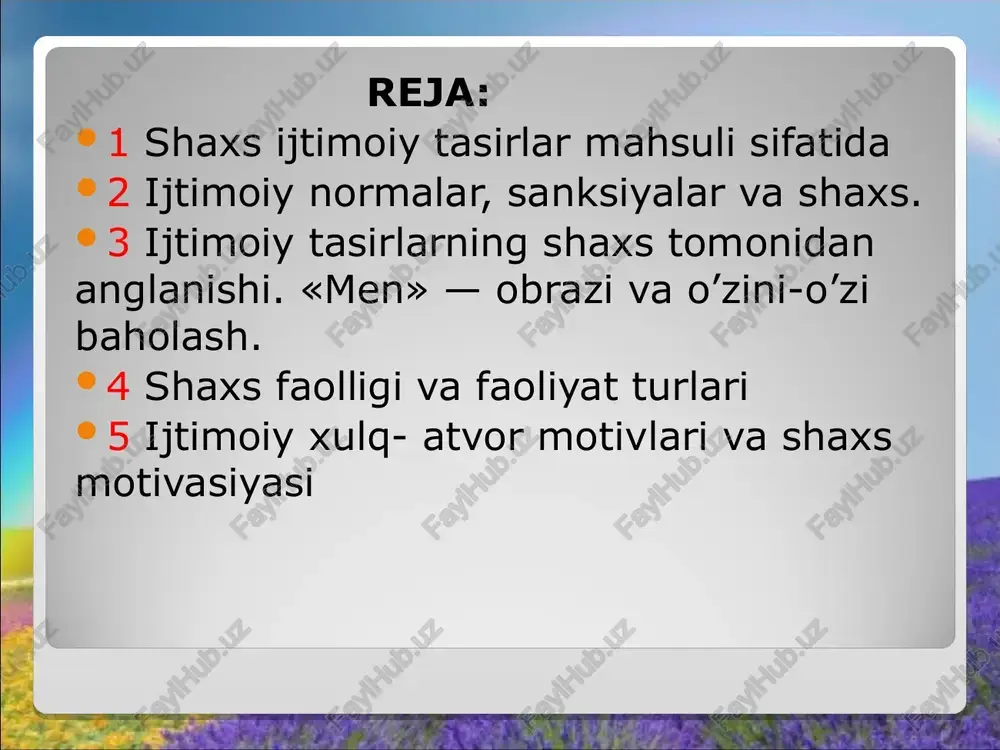 llik. ularning mohiyatini aniqroq izohlab berish, har birining psixologik tabiatini tahlil qilish maqsadga muvofiq. tushunchalar tahlili tushuncha mazmun individ odam shaxs tarbiya irsiyat muhit 1.odam sut emizuvchilar sinfiga dahldorligi biologik jonzot ekanligi odamning o’ziga xos xususiyatidir. tik yurishlik qo’llarning mehnat faoliyatiga moslashganligi, yuksak taraqqiy etgan miyaga egaligi, sut emizuvchilar tasnifiga kirishi, uning o’ziga xos tomonlarini aks ettiradi. ijtimoiy jonzot sifatida odam ong bilan qurollanganligi tufayli borliqni ongli aks ettirish qobiliyatidan tashqari o’z qiziqishlari va ehtiyojlariga mutanosib tarzda uni o’zgartirish imkoniga ham egadir. 2.shaxs mehnat tufayli hayvonot olamidan ajralib chiqqan. jamiyatda rivojlanuvchi til yordami bilan boshqa kishilar bilan (muloqot) muomalaga kirishuvchi odam shaxsga aylanadi. i,jtimoiy mohiyati shaxsning asosiy tavsifi hisoblanadi. 3.individuallik - har qanday insonning betakror, o’ziga xos xususiyatlarga egadir. shaxsning o’ziga xos qirralarining mujassam-lashuvi individuallikni vujudga keltiradi. individuallik shaxsning intellektual, emosional va irodaviy sohalarida namoyon bo’ladi. shaxs kamolotiga ta’sir etuvchi omillar irsiyat ijtimoiy muhit ta’lim-tarbiya irsiyat irsiyat– bu avloddan-avlodga tayyor …