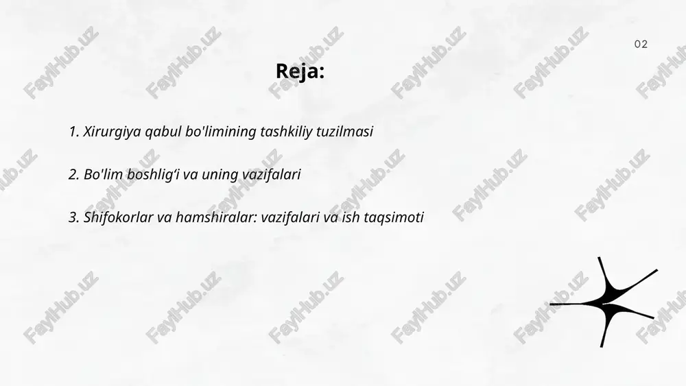 morlarni ovqatlanish/bo‘shash bo‘yicha yo‘l-yo‘riq, jarrohlik instrumentlari va jihozlarini tayyorlash, dori berish va monitoring, jarohat parvarishi, antiseptika, bemor nazorati va almashinuvi, protseduralarda yordam, hujjatlarni to‘ldirish, ish taqsimoti va navbatchilik bo‘yicha ijro. ... t.me/ziyokortalababot 4. qabul xodimlari (registratura) va bemorlarni ro‘yxatga olish tartibi qabul xodimlari (registratura) tarkibi: 1) bosh registrator, 2) qabul referenti, 3) ma'lumotlar operatori. vazifalari: bemorlarni ro‘yxatga olish, konsultatsiya uchun navbatni tashkil etish, tibbiy hujjatlarni ruyxatga olish va saqlash, shikoyatlarni qabul qilish. ro‘yxatga olish tartibi: 1) shaxsni tasdiqlovchi hujjat va sug‘urta ma'lumotlarini tekshirish, 2) anketani to‘ldirish, 3) shifokor qabuliga vaqt belgilash, 4) elektron yoki qog‘oz jurnalda qayd qilish, 5) zudlik bilan tez yordam talab qilinsa prioritet berish. ... t.me/slaydai_bot triyaj mezonlari: nafas yo‘li ochiqligi, nafas olish, qon aylanishi (abc), hayot uchun xavf, og‘ir qon ketishi, shok belgilar, miya shikasti (gks), og‘ir jarohat yoki organ iskemiya, ochiq suyak sinishi, ifloslanish/infeksiya xavfi, og‘ir og‘riq va qon bosimi pasayishi. prioritetlashtirish: 1) darhol (immediate) …