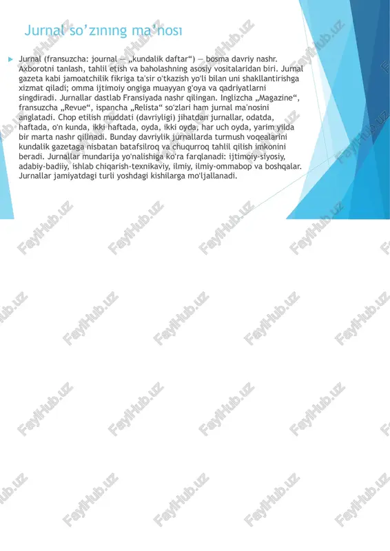 tilgan. „srednyaya aziya“ jurnalda turkistondagi mahalliy aholining madaniy hayotiga oid materiallar ham oʻrin olgan.  turkistonda milliy jurnalchilik tarixiga atoqli maʼrifatparvar adib va publitsist mahmudxo’ja behbudiy asos solgan. uning muharrirligida 1913—1915-yillarda samarqand shahrida „oyna“ jurnali nashr qilingan. mazkur jurnal turkistonliklarni zamonaviy ilmu urfondan, maʼrifatdan bahramand etish, oʻlkadagi milliy taʼlim tizimini isloh qilish kabi davr uchun dolzarb masalalardan bahs yuritgan. oʻzbek tilidagi ikkinchi jurnal „al-isloh“ nomi bilan toshkentda nashr qilingan.  1917-1918-yillarda turkistonda ijtimoiy-siyosiy va adabiy yoʻnalishdagi bir qancha yangi oʻzbekcha jurnallar paydo boʻldi. qoʻqonda 1-soni hamza hakimzoda niyoziy muharrirligida „kengash“ (keyinchalik „hurriyat“ nomi bilan chiqqan), taniqli olim va publitsist ashurali zohiriy rahbarligida „yurt“ jurnallari nashr qilingan. toshkentda „chayon“ (1917), „ishchilar dunyosi“ (1918) kabi yangi jurnallar chiqa boshlagan. „yurt“ va „chayon“ jurnallari turkiston muxtoriyati gʻoyalarini qoʻllab- quvvatlagan va targʻib qilgan. „ishchilar dunyosi“ bolsheviklarning xususiy mulkni tugatish sohasidagi siyosatini tanqid qilgani uchun shoʻro hukumati tomonidan yopib qoʻyilgan. 1918-1924-yillar turkistonda jami 129 nomda …