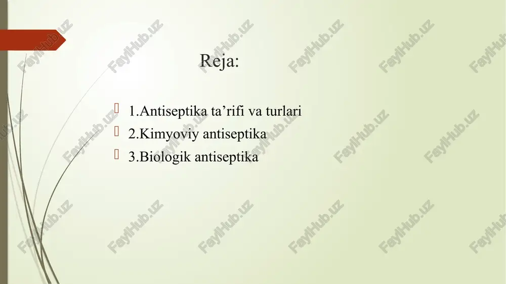 i. bu guruh moddalari parlanganida osongina atomar kislorod ajralib chiqarib, ajralish vaqtida kuchli oksidlovchi xususiyatga ega bo’ladi, natijada, anaerob va chirituvchi mikroblar rivojlanishi uchun noqulay sharoitlar yaratadi: vodorod peroksid eritmasi, kaliy permanganat eritmasi, gidroperit. og’ir metall tuzlari. tirik organizm sharoitida bu moddalar oqsillar bilan reaksiyaga kirishib, albuminatlar hosil qiladi. kichik konsentratsiyalarda hujayra protoplazmasi yuza qatlamida oqsillar dag’allashuvini chaqiradi (burishtiruvchi samara), yuqori konsentratsiyalarda esa oqsillarning chuqur denaturatsiyasini chaqiradi (kuydiruvchi ta’sir). protargol 1-5% konsentartsiyali eritmalari siydik qopi va siydik chiqarish kanalini yuvish uchun ishlatiladi. kollargol 0,2-2% konsentratsiyali eritmalari yiringli yaralarni va siydik qopini yuvish uchun ishlatiladi. fenollarning antiseptik ta’siri mikroblar protoplazmasi oqsillarini denaturatsiya qilishga asoslangan. kislotalar. ta’sir mexanizmi mikrob hujayrasi protoplazmasidagi oqsillarni denaturatsiyaga uchratib, o’limga olib kelishiga asoslangan. bor kislotasi 2-4%li eritma sifatida og’iz bo’shlig’ini, tomoqni chayish va ko’zni yuvish uchun ishlatiladi.quruq holda esa ko’k yiring tayoqcgali yaralarga sepiladi.jarohat ajralmasining yashil rangda bo’lishi ko’k yiring tayoqchasi borligidan darak beradi.salitsil kislotasi yashil keratilitik …