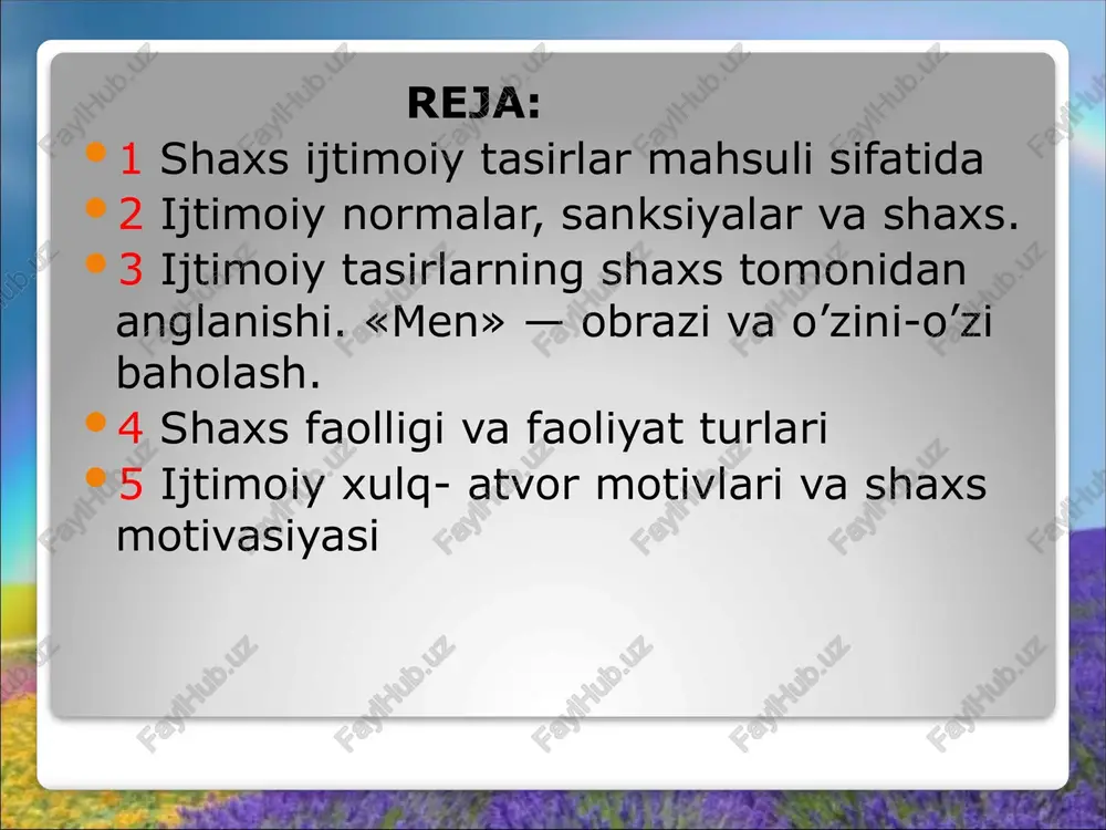 iqroq izohlab berish, har birining psixologik tabiatini tahlil qilish maqsadga muvofiq. tushunchalar tahlili tushuncha mazmun individ odam shaxs tarbiya irsiyat muhit 1.odam sut emizuvchilar sinfiga dahldorligi biologik jonzot ekanligi odamning o’ziga xos xususiyatidir. tik yurishlik qo’llarning mehnat faoliyatiga moslashganligi, yuksak taraqqiy etgan miyaga egaligi, sut emizuvchilar tasnifiga kirishi, uning o’ziga xos tomonlarini aks ettiradi. ijtimoiy jonzot sifatida odam ong bilan qurollanganligi tufayli borliqni ongli aks ettirish qobiliyatidan tashqari o’z qiziqishlari va ehtiyojlariga mutanosib tarzda uni o’zgartirish imkoniga ham egadir. 2.shaxs mehnat tufayli hayvonot olamidan ajralib chiqqan. jamiyatda rivojlanuvchi til yordami bilan boshqa kishilar bilan (muloqot) muomalaga kirishuvchi odam shaxsga aylanadi. i,jtimoiy mohiyati shaxsning asosiy tavsifi hisoblanadi. 3.individuallik - har qanday insonning betakror, o’ziga xos xususiyatlarga egadir. shaxsning o’ziga xos qirralarining mujassam-lashuvi individuallikni vujudga keltiradi. individuallik shaxsning intellektual, emosional va irodaviy sohalarida namoyon bo’ladi. shaxs kamolotiga ta’sir etuvchi omillar irsiyat ijtimoiy muhit ta’lim-tarbiya irsiyat irsiyat– bu avloddan-avlodga tayyor holda o‘tuvchi jismoniy …