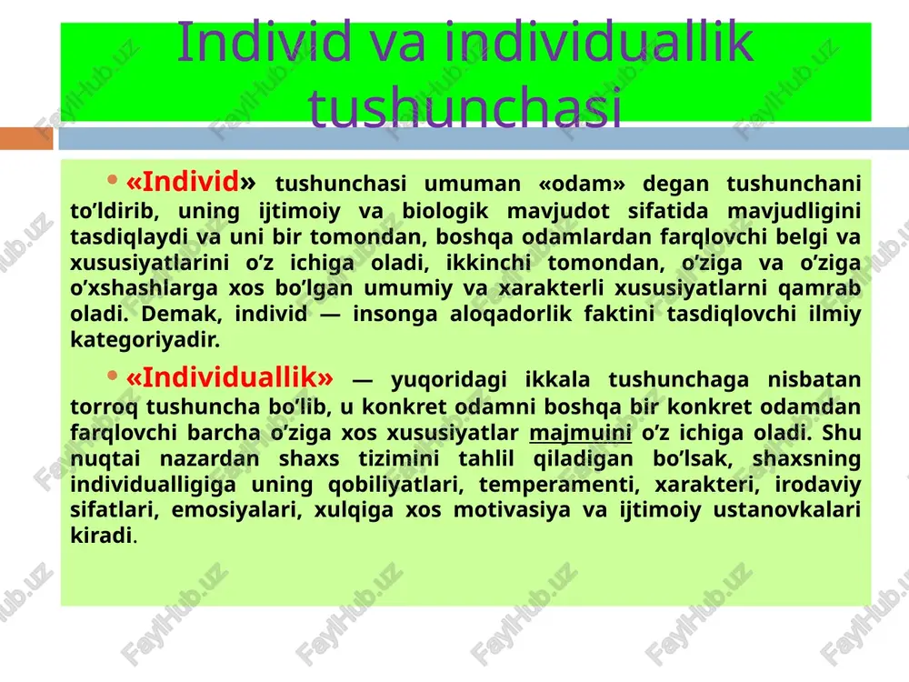 maqsad qo'yib, unga erishish yo'lidagi qiyinchiliklarni engishini ta'minlovchi ma'lum sifatlari majmui atrofdagilarning hatti-harakatlarini ruhan qabul qilib, ularga nisbatan hissiy munosabatlarni bildiruvchi sifatlar * hayot faoliyati xulq-atvor faoliyat konstitutsiya iste'dod nishonasi organizm shaxs ehtiyojlar inson va hayvonlar uchun umumiy asab tizimi motivatsiya qo'zg'alish temperament emotsionallik faollik inson asab tizimining o'ziga xosligi vaqtli bog'lanishlar tizimining hayot davomida shakllanishi qobiliyatlar iroda o'zini o'zi boshqarish xarakter qo'zg'alish introversiya ektraversiya faollashuvga rag'bat maqsadga intiluvchanlik individuallik qiziqish layoqat munosabat (o'ziga o'zga kishilarga mehnatga olamga ) umumiy tana * qobiliyatlar — shaxsdagi shunday individual, turg’un sifatlarki, ular odamning turli xil faoliyatdagi ko’rsatgichlari, yutuqlari va qiyinchiliklari sabablarini tushuntirib beradi. temperament — insonning turli vaziyatlarda narsa, hodisa, xolatlar va insonlarning xatti-xarakatlariga nisbatan reaksiyasini tushuntirib beruvchi xususiyatlari majmuidir. xarakter — shaxsning alohida insonlar va insonlar guruhi, o’z-o’ziga, vaziyatlar, narsalar va hodisalarga nisbatan munosabatlaridan orttiradigan sifatlarini o’z ichiga oladi. * qobiliyat – kishining muayyan faoliyatiga bo’lgan layoqatidir. kishilar qobiliyati nihoyatda xilma-xil …