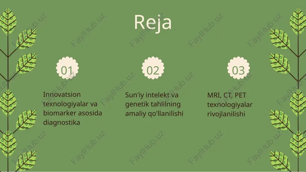 atadi, yuqori aniqlik va bo‘laklarni ko‘rsatishda afzal. ct tez va aniq tasvirlar olish uchun rentgen nurlarini ishlatadi, murakkab joylarni ko‘rsatishda qulay. pet texnologiyasi va tibbiyotdagi o‘rni pet metabolik jarayonlarni kuzatadi, ayniqsa saratonni aniqlashda muhim rol o‘ynaydi. bu texnologiyalar diagnostika imkoniyatlarini kengaytirib, birgalikda tibbiyotda muhim o‘rin tutadi. 1970-yillarda ct texnologiyasi ishlab chiqildi. 1970 1977-yilda mri paydo bo'ldi, yuqori aniqlik bilan. 1977 1980-yillarda pet texnologiyasi keng qo'llanila boshladi. 1980 2000-yilga kelib, texnologiyalar diagnostikani yaxshiladi. 2000 xulosa innovatsion diagnostika usullari tibbiyot sohasida katta rivojlanishga olib keldi, biomarkerlar, sun'iy intellekt va yangi texnologiyalar yordamida aniqlik va tezlik oshdi. biomarkerlar kasalliklarni erta aniqlashda muhim rol o'ynaydi, shuningdek, shaxsiy davolash imkoniyatlarini kengaytiradi. sun'iy intellekt va genetik tahlil diagnostika jarayonlarini avtomatlashtirish va prognoz qilishda muhim yordamchi bo'lib, tibbiyotda yangi imkoniyatlar ochmoqda. 1 2 3 e'tiboringiz uchun rahmat! designed by slides carnival image1.png image2.png image3.png image4.png image5.png image16.jpg image8.png image9.png image10.png image11.png image12.png image15.png image6.png image17.jpg