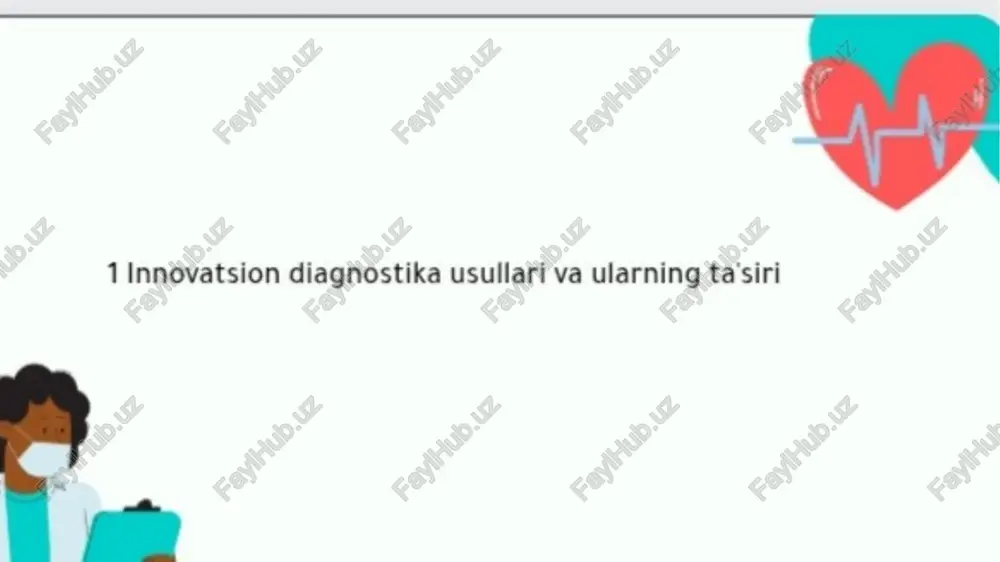 izmga ta'sirini ko‘rsatadi. kengaytirilgan tasvirlash diagnostikasi pet-kt (pozitron-emission tomografiya va kompyuter tomografiyasi): texnologiya: bemorga maxsus radioaktiv modda yuboriladi, bu modda faol metabolizmga ega hujayralarda to‘planadi (masalan, saraton hujayralarida). pet o‘sha joylarni aniqlaydi, kt esa ularning joylashuvini tasdiqlaydi. ahamiyati: saraton o‘choqlarini, uning metastazlarini, shuningdek, miya va yurak funksiyalarini yuqori aniqlikda aniqlashga imkon beradi funktsional mrt (fmri): texnologiya: bemorning miyasidagi faol sohalarni, ya'ni qon oqimi kuchaygan joylarni aniqlaydi. ahamiyati: neyropsixologik kasalliklar (altsgeymer, parkinson) va bosh miya o‘smalarini aniqlashda juda muhim. bu usul miya operatsiyalaridan oldin muhim funksiyalarga mas’ul sohalarni aniqlashga yordam beradi. sun'iy intellekt (ai) va buyuk ma'lumotlar (big data) ai radiologiyada: qanday ishlaydi: ai algoritmiga millionlab rentgen, kt va mrt tasvirlari o‘rgatiladi. ai radiologdan ko‘ra tezroq va ba'zan aniqroq holda, masalan, o‘pka tugunlari yoki suyakdagi yoriqlarni aniqlay oladi. afzalligi: ai inson ko‘zi ilg‘amas bo‘lgan juda kichik o‘zgarishlarni ham payqaydi, bu esa erta tashxis imkoniyatini keskin oshiradi. maqsadi: turli manbalardan (genetik ma’lumotlar, …