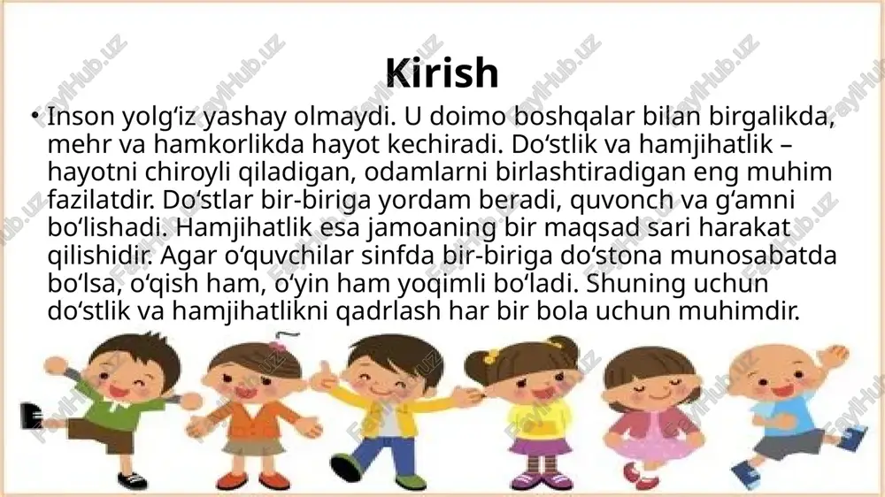 tanlashda hushyor bo‘lish kerak. do‘stlikda ishonchning o‘rni do‘stlikning asosi – bu ishonch. ishonchsiz do‘stlik uzoq davom etmaydi. agar do‘stimizga ishonmasak, u bilan chin dildan muloqot qilish qiyin bo‘ladi. ishonchli do‘stlar bir-birining fikriga quloq soladi, birgalikda muammolarni hal qiladi. masalan, sinfda bir o‘quvchi darsni tushunmasa, ishonchli do‘st unga sabr bilan tushuntiradi. shunday munosabatlar orqali do‘stlik mustahkamlanadi. esda tutaylik: do‘stlikni saqlash uchun rostgo‘y va ishonchli bo‘lish kerak hamjihatlikning foydasi hamjihatlik bo‘lgan joyda ish tez bitadi, muhit tinch va do‘stona bo‘ladi. masalan, sinf o‘quvchilari birgalikda gul ekishsa yoki sinfni bezashsa, hamma bir-biriga yordam beradi va natijadan faxrlanadi. hamjihatlik – bu jamoaviy mehnatni, o‘zaro hurmatni o‘rgatadi. u odamlarni birlashtiradi, mehrni kuchaytiradi. yurtimizda ham xalqimizning hamjihatligi tufayli tinchlik, taraqqiyot va baxt hukm surmoqda. shuning uchun har birimiz birlikda yashashni o‘rganishimiz kerak. do‘stlikda mehr va kechirimlilik har qanday do‘stlikda kichik tushunmovchiliklar bo‘lishi mumkin. ammo haqiqiy do‘st xafa bo‘lish o‘rniga kechira oladi. mehr va kechirimlilik do‘stlikni yanada …