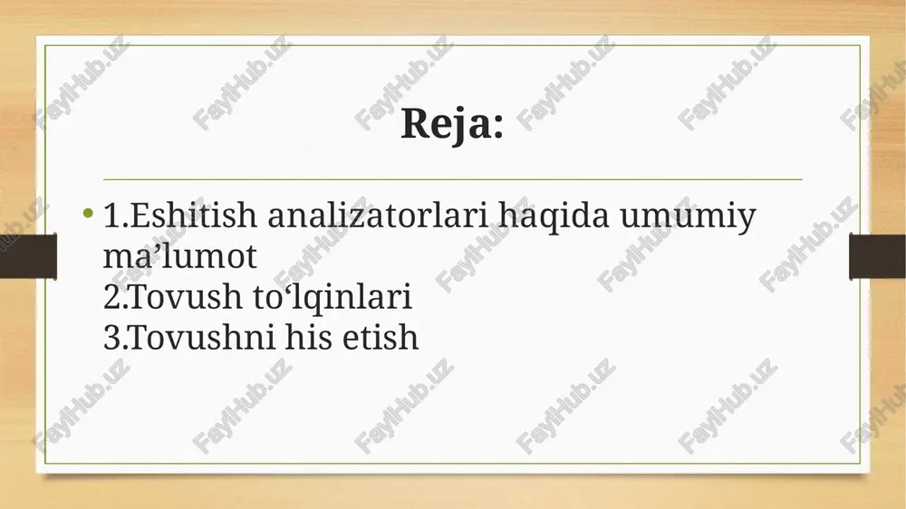 muhim o‘rinni egallaydi. ichki quloq va eshitish nervi ichki quloq suyuqlik bilan to‘lgan murakkab tuzilma bo‘lib, unda eng muhim eshitish organi – qovuzloq (ulita) joylashgan. qovuzloq ichida joylashgan korti organi tovush tebranishlarini elektr impulslariga aylantiradi. ushbu impulslar eshitish nervi orqali bosh miya po‘stlog‘iga yetkaziladi. ichki quloq nafaqat eshitish, balki muvozanatni saqlashda ham ishtirok etadi. uning vestibulyar apparati tana holatini sezishga yordam beradi. shu tarzda ichki quloq eshitish tizimining markaziy bo‘g‘ini sifatida harakat qiladi. tovush to‘lqinlari haqida tushuncha tovush – bu muhit zarrachalarining tebranishidan hosil bo‘ladigan energiya to‘lqinidir. tovush to‘lqinlari havoda, suyuqlikda va qattiq jismlarda tarqaladi, lekin vakuumda tarqalolmaydi. tovushning asosiy fizik xususiyatlari – chastota, amplituda va to‘lqin uzunligidir. chastota tovushning balandligini, amplituda esa uning kuchini belgilaydi. inson qulog‘i taxminan 16–20 000 gts oralig‘idagi tovushlarni eshita oladi. tovush to‘lqinlari quloq orqali kirib, mexanik tebranishlarga, so‘ngra nerv signallariga aylanadi. tovush tebranishlarining o‘tish yo‘li tovush to‘lqinlari tashqi muhitdan quloq suprasiga tushadi, ularni tashqi …