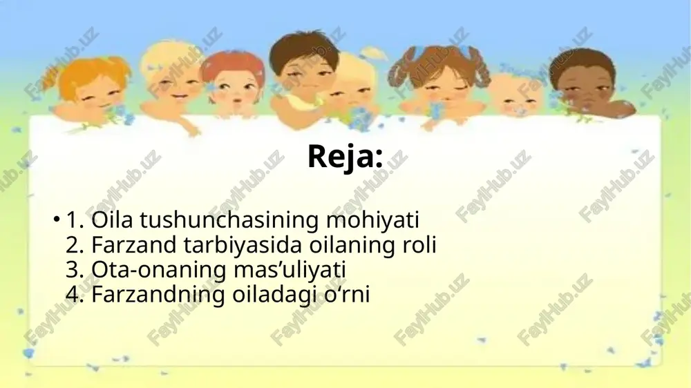 dunyoqarashiga ta’sir qiladi. ota-onaning mas’uliyati farzandning jismoniy, ma’naviy va ruhiy rivojiga bevosita bog‘liq. har bir ota-ona farzandining iste’dodini aniqlash, uni to‘g‘ri yo‘naltirish hamda hayotda o‘z o‘rnini topishiga yordam berishi lozim. shu bilan birga, ota-onalar farzandga mehnatsevarlik, odob, vatanparvarlik va insonparvarlik kabi fazilatlarni singdirishi zarur. farzandning oiladagi o‘rni farzand — oilaning quvonchi, ota-onaning faxridir. bola oilaning har bir a’zosi bilan muloqotda bo‘lib, hayot saboqlarini o‘rganadi. u ota-onaning hayot tarzi, mehnatga munosabati, o‘zaro muomalasini kuzatib, ularni o‘z xulq-atvorida namoyon eta boshlaydi. shu bois ota-onalar farzandni tarbiyalash jarayonida o‘zlariga ham e’tiborli bo‘lishlari kerak. farzand oilaning ma’naviy boyligi sifatida qadrlanadi va uning kamoloti oilaning totuvligi bilan chambarchas bog‘liq. oila muhiti va psixologik iqlim oilaviy muhit farzandning ruhiy barqarorligi va ijtimoiy moslashuvchanligiga katta ta’sir ko‘rsatadi. agar oila mehr, e’tibor va tushunish asosida qurilgan bo‘lsa, farzandda ijobiy emotsional holat, o‘ziga ishonch va mustaqillik rivojlanadi. aksincha, mojaroli muhitda voyaga yetayotgan bolalar ko‘pincha asabiy, jur’atsiz yoki tajovuzkor bo‘lishadi. …