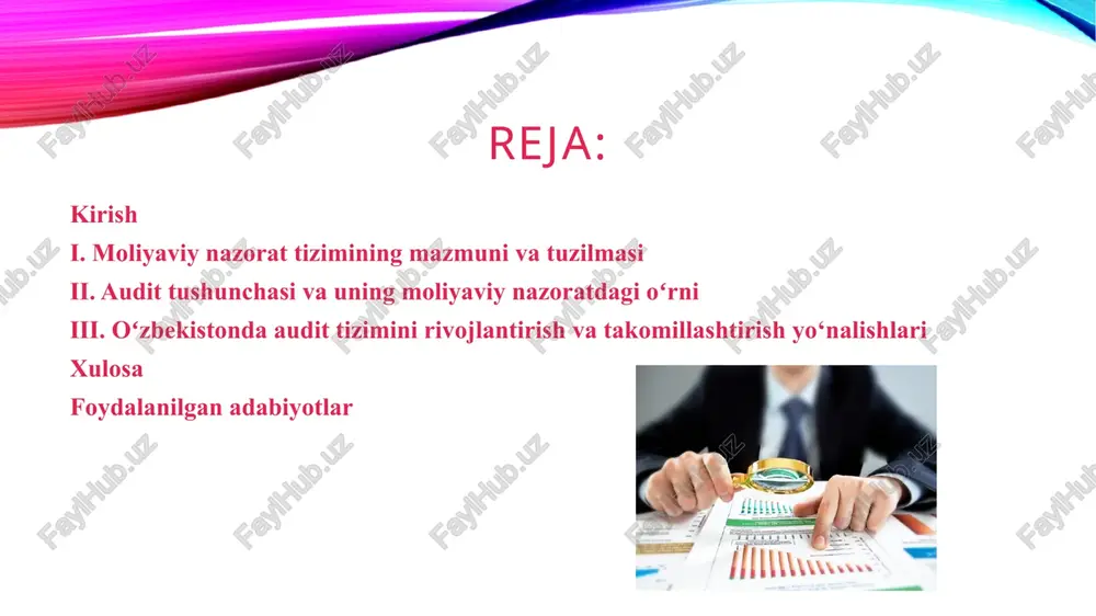 niy) nazorat — moliyaviy faoliyat yakunlangach, hisobot davri natijalari bo‘yicha tekshiruv o‘tkazish. masalan, auditorlik tekshiruvi yoki hisob palatasi tomonidan byudjet ijrosi auditi.* o‘zbekistonda audit bilan bog‘liq aniq raqamlar: - audit tashkilotlari soni 2023-yilda 138 ta ga yetgan. uzdaily.uz+1 - auditorlar soni 2023-yilda 1 003 nafar, shundan 24 % ayollar, 76 % erkaklar. uzdaily.uz - 2025-yilning birinchi yarmida audit orqali byudjet xarajatlarida samaradorlikni oshirish evaziga 5,6 trillion so‘m tejashga erishilgan. - shuningdek, audit paytida 2024-yilda aniqlangan 2,3 trillion so‘m qonunga zidd sarflanish miqdori haqida ma’lumot berilgan. monitor.kun.uz - ichki nazorat xizmatlari xodimlari 2025-yil ikkinchi choragida baholangan: 225 nafar xodimdan 91 nafar (≈ 40 %) “a’lo”, 46 nafar (≈ 21 %) “yaxshi” baholangan. audit tizimini rivojlantirish zarurati: 2025-yilga kelib, o‘zbekiston respublikasida audit tashkilotlari soni 140 taga, auditorlar soni esa 1 000 dan ortiq bo‘lgan (o‘zbekiston auditorlar palatasi ma’lumotlariga ko‘ra). shu bilan birga, 2025-yilning birinchi yarmida audit orqali davlat byudjetida 5,6 trillion so‘m …