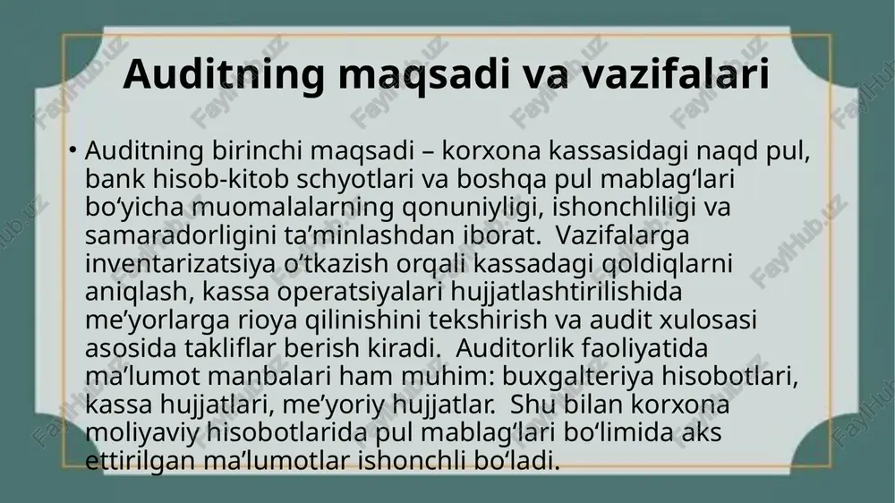 e’tibor talab etadi. kassa muomalalarini hujjatlashtirish kassa muomalalarini hujjatlashtirish jarayonida kirim kassa orderi (ko-1), chiqim kassa orderi (ko-2), kassa daftari (ko-4) va kirim/chiqim ro‘yxatga olish jurnali (ko-3) kabi hujjatlar ishlatiladi. auditor kassa hujjatlari bo‘yicha: hujjat imzolari, hujjatlarni tasdiqlovchi shaxslar, hujjatlarni vaqtida taqdim etilishi va ma’lumotlarning aniq bo‘lishini tekshiradi. hujjatlarda ko‘rsatilgan summalar bilan kassa kitobidagi qoldiqlar mos kelishi lozim. agar muvofiqlik yo‘q bo‘lsa, bu auditor tomonidan aniqlanishi va xulosa chiqarilishi kerak. inventarizatsiya va kassa qoldiqlarini tekshirish audit boshlanganida kassada mavjud naqd pul mablag‘lari, qimmatli qog‘ozlar va qat’iy hisob hisobot blankalari inventarizatsiya qilinadi. auditor bu yondashuv orqali kassadagi haqiqiy qoldiqlarni aniqlaydi, hisob-kitob ma’lumotlari bilan solishtiradi. kassa operatsiyalarida limitdan ortiq qoldiq saqlanmasligi nazorat qilinishi kerak. inventarizatsiya natijalari dalolatnoma shaklida rasmiylashtiriladi va audit xulosasiga kiritiladi. hisob-kitob schyotlariga doir muomalalar auditi naqd pul bilan birga, korxonaning bankdagi hisob-kitob schyotlaridagi pul mablag‘lari ham auditdan o‘tkaziladi. masalan, 5110 schyoti — “hisob-kitob schyoti”. auditor muomalalar sintetik hisobi to‘g‘riligi …