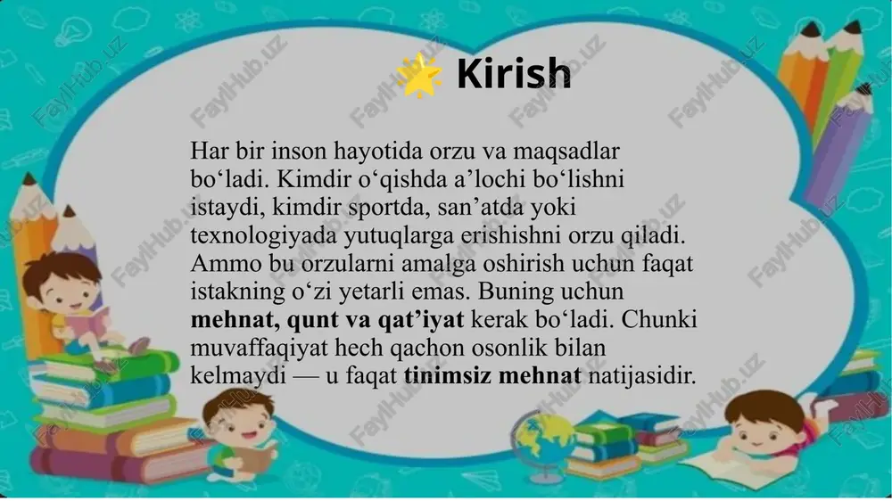 vaffaqiyat sari yaqinlashadi. qunt – bilim olishga yordam beradi. qat’iyat – to‘siqlarni yengishga kuch beradi. ular birgalikda insonni orzulariga yetkazadi. misol uchun, agar o‘quvchi har kuni 2 soat dars qilsa, boshlanishida qiyin tuyuladi. ammo bir oy, bir yil o‘tib u boshqa tengdoshlaridan ancha oldinga o‘tadi. chunki u intizom, qunt va qat’iyat bilan ishlagan. hayotiy misollar tomas edison – ming martadan ortiq urinishdan so‘ng elektr lampochkasini ixtiro qilgan. u “men ming marta muvaffaqiyatsizlikka uchramadim, men ming yo‘lni sinab ko‘rdim”, degan. mashhur ixtirochi tomas edison lampochkani yaratish uchun ming martadan ortiq uringan. agar u birinchi marta muvaffaqiyatsizlikdan so‘ng to‘xtaganida, biz bugungi yorug‘likni ko‘rmasdik. demak, harakat, sabr va qat’iyat — muvaffaqiyat kalitidir. abu ali ibn sino – yoshligidan qunt bilan o‘qib, qisqa vaqt ichida ko‘p sohalarda bilim olgan va butun dunyoga tanilgan olimga aylangan. albert eynshteyn – bolaligida sekin fikrlagan, o‘qituvchilari uni “qobiliyatsiz” deb hisoblagan. ammo u qat’iyat bilan ilmga sho‘ng‘ib, dunyo faniga …