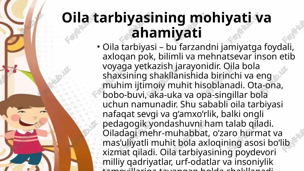 laniladi: tushuntirish, namuna ko‘rsatish, rag‘batlantirish, nazorat va talab qo‘yish. tushuntirish metodi orqali bola to‘g‘ri va noto‘g‘rini ajrata oladi. namuna metodi esa ota-onaning shaxsiy xulqi orqali tarbiyaviy ta’sirni kuchaytiradi. rag‘batlantirish – ijobiy xatti-harakatlarni mustahkamlashda eng samarali yo‘ldir. talab qo‘yish va nazorat esa intizomni shakllantiradi. bu metodlar birgalikda qo‘llanilganda, bola o‘zini to‘g‘ri tutish, mas’uliyatni his etish va o‘z xulqini boshqarish qobiliyatini rivojlantiradi. oila tarbiyasining shakllari oila tarbiyasida shakllar deganda ota-onaning farzand bilan olib boradigan amaliy faoliyati tushuniladi. eng ko‘p tarqalgan shakllar – suhbatlar, birgalikdagi mehnat, o‘yinlar, sayohatlar, oilaviy marosimlar va kitob o‘qish tadbirlaridir. masalan, birgalikda ovqat tayyorlash yoki bog‘ni parvarishlash bolada mehnat madaniyatini, mas’uliyat va hamjihatlikni shakllantiradi. suhbat shakli esa bolada axloqiy tushunchalarni chuqurlashtiradi. oila tarbiyasi shakllarining xilma-xilligi tarbiya jarayonining tabiiy va qiziqarli kechishini ta’minlaydi. reja: 1. oila tarbiyasining mohiyati va ahamiyati 2. oila tarbiyasining maqsadi va vazifalari 3. oila tarbiyasida metod tushunchasi 4. oila tarbiyasining asosiy metodlari 5. oila tarbiyasining shakllari …