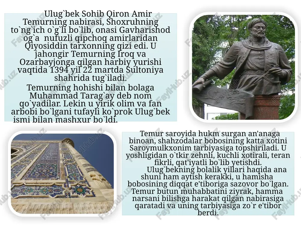 ini o`z davrida dunyo fanining oldingi safiga olib chiqqan buyuk olimlaridan biridir. mirzo ulug`bekdan jahon fani va madaniyati rivojiga muhim hissa bo`lib qo`shilgan ilmiy va madaniy meros qolgan. shulardan biri "ziji jadidi kuragoniy" deb nomlangan astronomik jadval hisoblanadi. ulug`bek tibbiyot va musiqa bilan qiziqqan, she'rlar ham yozgan. alisher navoyining "majolis un-nafois" va abu toxirxojaning "samariya" asarlarida uning she'rlaridan namunalar keltiriladi. uning davrida ko`pgina asarlar arab va fors tilidan eski o`zbek tiliga tarjima qilingan. ulug`bek tashkil etgan boy kutubxonada turli fanlarga oid 15000 dan ortiq ko`p tomli kitoblar bo`lgan. ulug`bek yunon olimlaridan aflotun, aratsu, gipparx, ptolemeylarning klassik asarlari bilan tanish bo`lgan va o`z vatandoshlari ahmad farg`oniy, beruniy, ibn sino, xorazmiy kabi olimlarning asarlarini yaxshi o`rgangan. samarqanddagi ulug`bek madrasasi faqat oliy uquv yurtigina emas, rasadxona bilan birga olganda o`sha davrning akademiyasi ham edi. ulug`bekning ustozi zamonasining mashhur olimi, matematik va astronom qozizoda rumiy madrasa muallimlaridan biri bo`lgan. ulug`bekning o`zi ham astronomiyadan dars …