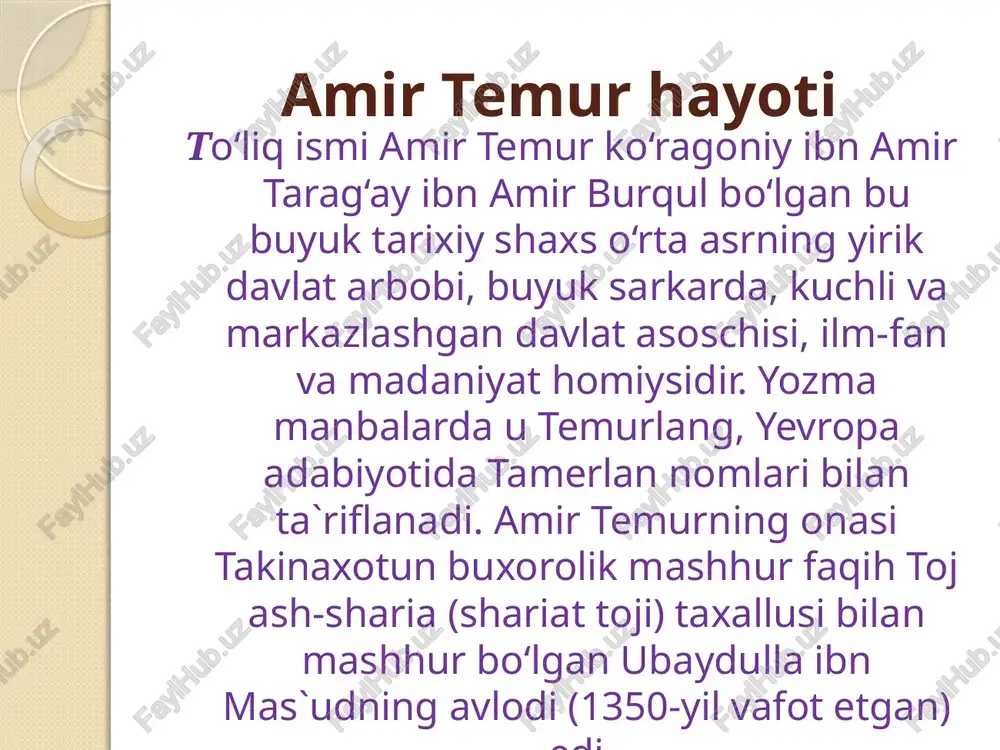 gan inson bo‘lgan. shu tufayli o‘spirinlik chog‘laridayoq tengqurlaridan sadoqatli do‘stlarni atrofga jalb qila olgan. o‘zining ilk harbiy faoliyatini amir temur qo‘l ostidagi navkarlari bilan ayrim viloyat amirlariga xizmat qilishdan boshlagan. ularning o‘zaro kurashlarida mahorat va oliyhimmatlik amir temurning shuhratini oshirib, uning dong‘i butun qashqadaryo vodiysi, xususan kesh viloyatiga yoyilgan. amir temur aql-zakovati, shijoati va jasorati to‘g‘risidagi shuhrat uni movarounnahrning nufuzli amirlaridan avval joku barlos, so‘ngra amir qazog‘on (1346-1358) bilan yaqinlashtirgan. otasi amir temurni avval (1352) amir joku barlosning qizi turmish og‘oga uylantiradi. 1362-yilda amir temur qazog‘onning nabirasi, amir husaynning singlisi uljoy turkon og‘oni o‘z nikohiga oladi. keyingi nikoh tufayli balx amiri bilan bog‘langan qarindoshlik aloqalari shubhasiz amir temur bilan amir husayn o‘rtasidagi ittifoqni yuzaga keltirdi va mo‘g‘ullarga qarshi jiddiy kurash boshlandi. www.arxiv.uz biroq movarounnahr aholisi mog‘ullarga qarshi kurashga jur`at eta olmaydilar. kesh viloyatining hukmdori hoji barlos xurosonga qochadi. mana shunday og‘ir pallada amir temur maydonga kiradi. kuchlar teng emasligini hisobga …