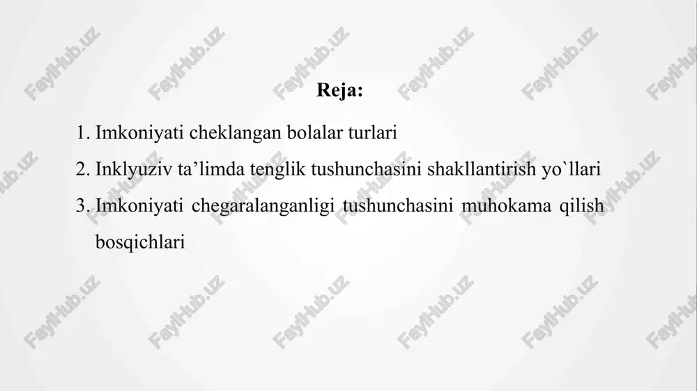 laning aqliy rivojlanishi uchun katta ahamiyatga ega. inklyuziv ta’lim sinfi maktabdagi alohida ta’lim ehtiyojlari bo‘lgan bolalarning boshqa (sog‘lom) bolalar bilan teng huquqli va birgalikdagi ta’lim olishlari shaklida tashkil etilgan sinf; alohida ta’lim ehtiyojli bo‘lgan bolalar soni 2,3 nafargacha inklyuziv ta’limning vazifalari barcha bolalarga teng munosabatda bo‘lishni ta’minlaydigan yagona moslashtirilgan ijtimoiy muhitni yaratish; alohida ta’lim ehtiyojlari bo‘lgan o‘quvchilar muammolariga nisbatan bag‘rikenglik munosabatini shakllantirish; ta’lim jarayonida alohida ta’lim ehtiyojlari bo‘lgan bolalarning aqliy va ijtimoiy salohiyatlarini rivojlantirish; alohida ta’lim ehtiyojlari bo‘lgan bolalarni tarbiyalayotgan oilalarga maslahat yordami berish hamda ularni psixologik-pedagogik jihatdan qo‘llab-quvvatlash. tayanch-harakat apparatida nuqsoni bo‘lgan bolalar (bolalar serebral falaji, skolioz, poliomielit, miopatiya, osteomielit, amputatsiya, bo‘y o‘sishining yetishmovchiligi — pakanalik) aqliy rivojlanishi saqlangan holda tayanch-harakat tizimidagi buzilishi bo‘lgan bolalar; hulq-atvor va ruhiyatning qo‘pol buzilishlarisiz autistik spektri buzilgan bolalar;. intellektual rivojlanishning potensial buzilmagan imkoniyatlari bilan ruhiy rivojlanishda orqada qolgan bolalar; aqliy rivojlanishi saqlangan yoki ruhiy rivojlanishda orqada qolgan bolalar (o‘zi harakat qila oladigan yoki …