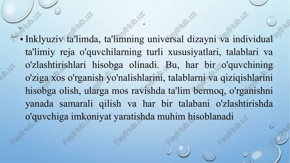 a ega boʻlishi kerakligini aniq belgilash; kutilayotgan natijalarni: bilim, koʻnikmalarni ifodalovchi oddiy va aniq harakat feʼllarini qoʻllash; oʻlchanadigan taʼlimiy natijalarini qayd etish zarur. baholash: baholashning alternativ usullarini koʻrib chiqish; oʻquvchilar oʻrganganlarini turli yoʻllar bilan ifoda etib berganlarida ularni ragʻbatlantirish; ular oʻzlari uchun qulay boʻlgan va tushunganlarini yaxshiroq ifoda etishlariga imkon beruvchi muhitni yaratish shart. universal dizayn: 1. o'quv materiallarining dastlabki ta'limiy tahlil qilinishi: o'quv materiallarini tuzishda, ularni dastlabki ta'limiy bosqichida o'qituvchilar va o'quvchilar tomonidan testlarni to'g'ri va aniq tuzilishi muhim hisoblanadi. bu, o'quv materiallarining o'ziga xos xususiyatlari va talablarga mos ravishda o'zlashtirilishini ta'minlashda yordam beradi. 2. texnologiyalardan foydalanish: virtual darslar, interaktiv dasturlar, onlayn ma'lumotlar, va boshqa texnologik vositalardan foydalanish, o'quvchilarning har birini qo'llab-quvvatlash va ularga o'rganishlari bilan bog'liq qiziqtirishlar yaratishda va ta'limni yanada qulay va samarali qilishda yordam beradi. 3. guruhda ishlash: o'quvchilarning bir-biri bilan hamkorlikda ta'lim olishlari, ko'maklashishlari va guruhdagi har bir o'quvchining qobiliyatlarini hisobga oluvchi yondashuvdir. guruhda ishlashning …