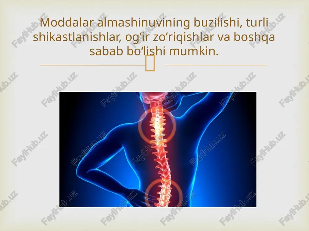 qoladi. kasallik belgilari degenerativ diskning joylashishiga bogʻliq.  bo’yin agar boʻyin sohasida boʻlsa, shu sohaga aloqador aʼzolar faoliyatida oʻzgarishlar, kasalliklar va sindromlar kuzatiladi. boʻyin ostexondrozi ekstrakranial (tashqi nerv ildizlari sindromlari), intrakranial (ichki va tashqi shikastlanishlar, qon yetishmovchiligi), vertebral (vertebral yetishmovchilik) xillari bor.  ko’krak koʻkrak qismidagi osteoxondroz belgilari, asosan, nerv ildizlarining sindromlari bilan ifodalanadi.  bel bel umurtqasi osteoxondrozi koʻproq uchraydi, chunki kishi biror bir mehnat qilganda maʼlum bir jismoniy kuch talab etadi va bu oʻz-oʻzidan belni zoʻriqtiradi.  davo osteoxondrozning barcha xilida ogʻriq boʻladi, bu kasallikning qaysi bosqichda ekanligiga bogʻliq. davo, asosan, konservativ, ogʻriq qoldiruvchi dorilar buyuriladi. osteoxondrozning disk churrasi stabil falajni keltirib chiqarsa, operatsiya qilinadi.  e’tiboringiz uchun rahmat image3.png image4.png image5.png image6.png image7.png image8.png