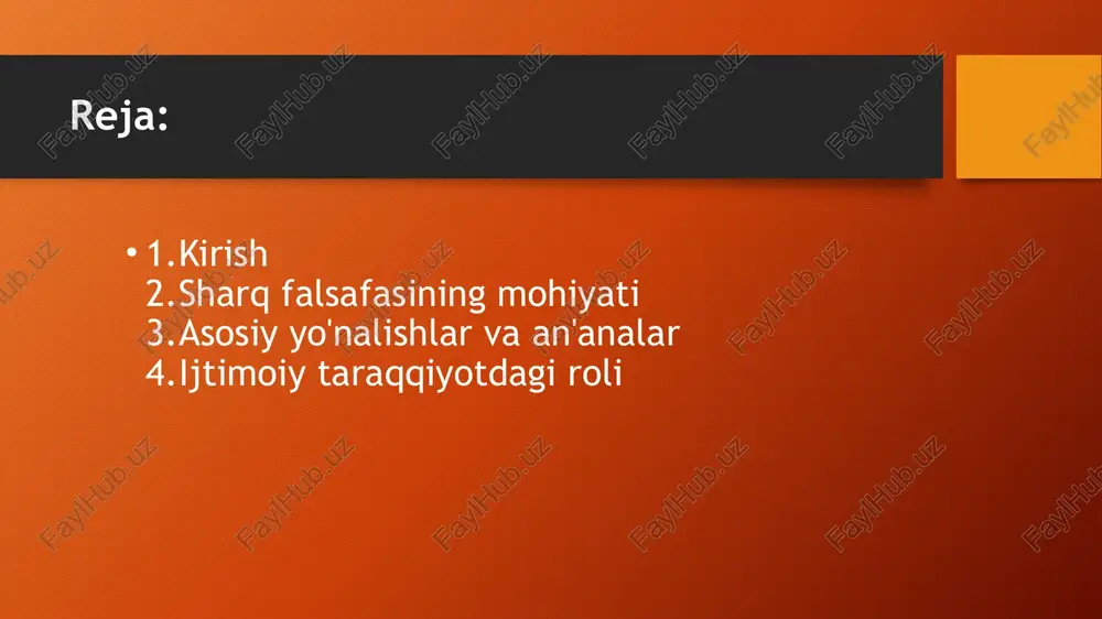 ratadi sharq falsafasining mohiyati sharq falsafasining mohiyati inson, tabiat va koinotning uyg'unligida yotadi. u holistik (butunlikka asoslangan) yondashuvni ta'kidlaydi, ya'ni barcha mavjudotlarning o'zaro bog'liqligini va jamiyatning umumiy farovonligini birinchi o'ringa qo'yadi. asosiy g'oyalar quyidagilar: - uyg'unlik va muvozanat: tabiat bilan birlik (masalan, xitoy falsafasidagi tao – "yo'l" tushunchasi, dao de jing kitobida lao-tszi tomonidan ta'riflangan), insonning ichki tinchligi va tashqi dunyo bilan mosligi. bu daoizmda "vu vey" (harakatsiz harakat) orqali ifodalanadi, ya'ni majburiyatsiz, tabiiy harakat. yin-yang balansi (erkaklik va ayollik, qorong'u va yorug'lik) butun olamning o'zaro ta'sirini ko'rsatadi. hind falsafasida purusha (ong) va prakriti (modda) dualizmi samkhya maktabida uyg'unlikni ta'minlaydi. sharq falsafasining mohiyati - axloq va ruhiy rivojlanish: insonning o'z-o'zini anglashi, ichki izlanish va ruhiy o'sishga urg'u beriladi. hind falsafasida karma (harakat va oqibat), dharma (vazifa va kosmik tartib) va moksha (ozodlik) markaziy o'rin tutadi. karma harakatlarning oqibatlarini bog'laydi, samsara (hayot doirasi) orqali qayta tug'ilishni tushuntiradi. buddizmda to'rt haqiqat (azob, …