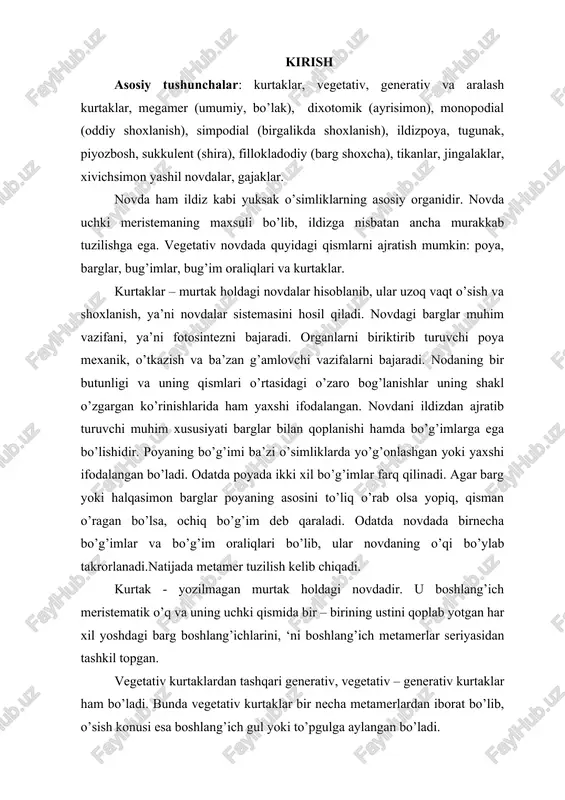 asidan tashkil topgan. vegetativ kurtaklardan tashqari generativ, vegetativ – generativ kurtaklar ham bo’ladi. bunda vegetativ kurtaklar bir necha metamerlardan iborat bo’lib, o’sish konusi esa boshlang’ich gul yoki to’pgulga aylangan bo’ladi. shoxlanish turlari. shoxlanish natijasida o’simlikning yer ustki qismida, ya’ni tanasida shox – butoqlar vujudga keladi. yuksak o’simliklarning tarixiy rivojlanish davomida shoxlanishning quyidagi turlari kelib chiqqan: 1. dixotomik yoki ayrisimon shoxlanish. bu turdagi shoxlanish o’sish konusidagi uchki kurtaklarning faoliyati natijasida shakllanadi. bunda kurtaklar bir meyorda bir – birlariga nisbatan qarama – qarshi yo’nalishda ayri shaklda o’sadi. dixotomik shoxlanish qadimgi sodda shoxlanish turi. uni moxlar, plaunlar, ko’pchilik paporotniklar va ba’zi bir ochiq urug’lilarda uchratiladi. 2. monopodial shoxlanish. bu turdagi shoxlanishda uchki kurtak doimo faol holatda bo’lib, o’simlikning yer ustaki qismi bo’yiga o’sishini davom ettiradi. shuning uchun ham asosiy poya yon novdalarga nisbatan kuchli rivojlanadi. monopodial shoxlanish natijasida daraxlardasimmetrik bir tekis yo’nalgan tik o’suvchi asosiy tana shakllanadi. monopodial shoxlanish ko’pchilik ochiq urug’li o’simliklar …