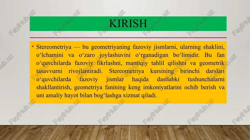 fazoviy jism ushbu elementlarning o‘zaro joylashuvi orqali aniqlanadi. masalan, to‘g‘ri chiziq va tekislikning kesishishi yoki parallel joylashuvi fazoviy tasavvurni shakllantiradi. jismlar modellari yordamida o‘quvchilar ularning shaklini yaxshiroq tasavvur qiladilar, bu esa o‘qitish jarayonini samarali qiladi. 3. stereometriyada ishlatiladigan asosiy tushunchalar va postulatlar stereometriyaning asosi bir necha muhim postulatlarga tayanadi. masalan, har bir ikki nuqta orqali bitta to‘g‘ri chiziq o‘tadi; uchta nuqta bir tekislikni aniqlaydi; agar ikkita tekislik kesishsa, u holda ularning kesishishi to‘g‘ri chiziq bo‘ladi. shuningdek, parallellik va perpendikulyarlik tushunchalari stereometriyada muhim o‘rin tutadi. bu bilimlar keyingi mavzular — prizma, piramida, silindr, konus va sharlarni o‘rganishda tayanch bo‘lib xizmat qiladi. xulosa stereometriya kursining birinchi darslari o‘quvchilarning fazoviy tafakkurini shakllantirish, geometrik tushunchalarni chuqurroq anglash va ularni amaliy hayotga tatbiq etish uchun muhim bosqich hisoblanadi. ushbu darslar orqali o‘quvchilar fazoda jismlarning o‘zaro munosabatlarini aniqlashni o‘rganadilar, mantiqiy fikrlash, kuzatish va tahlil qilish ko‘nikmalarini rivojlantiradilar. natijada stereometriya nafaqat matematikaning muhim sohasi, balki inson tafakkurini …