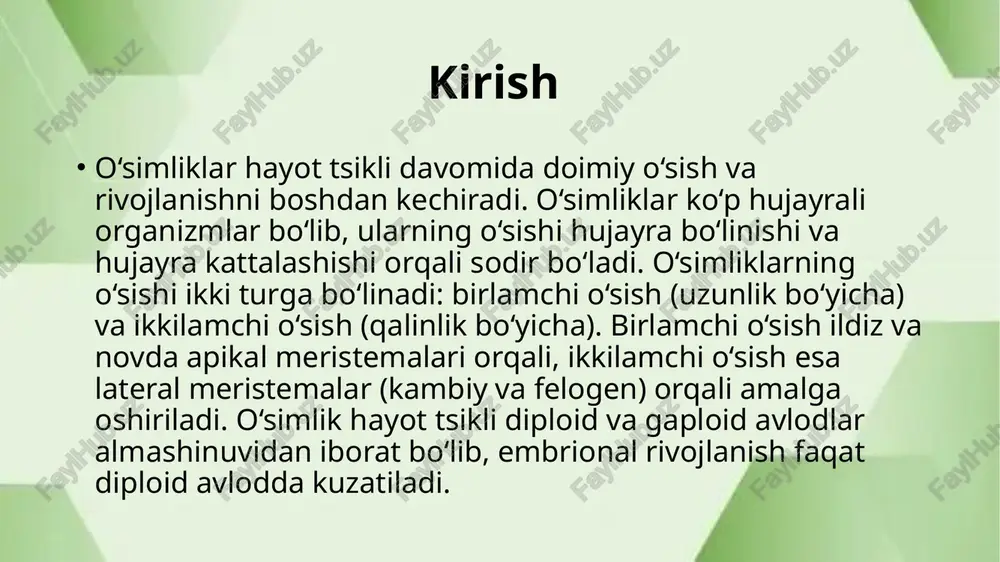 ishni boshqaradi. umumiy o‘sish hujayra darajasida hujayra bo‘linishi (mitoz) va hujayra kattalashishi orqali sodir bo‘ladi. o‘sishni turlicha omillar boshqaradi: ichki (gormonlar – auksilar, giberellinlar, sitokininlar) va tashqi (yorug‘lik, suv, harorat, tuproq). o‘sishga ta’sir etuvchi omillar - fotosintez: quyosh nuri yordamida karbonat angidrid va suvdan glyukoza hosil qilish. bu o‘sish uchun energiya manbai. - respiratsiya: oziq moddalarni kislorod yordamida energiyaga aylantirish. - transpiratsiya: suvni barglar orqali bug‘lanishi, bu suv va minerallarni tashishga yordam beradi. - gormonlar: auksin o‘sishni rag‘batlantiradi, abstsizik kislota esa stressda himoya qiladi. - atrof-muhit: yorug‘lik etishmasligi etiolatsiyaga (uzun va zaif o‘sish), suv etishmasligi esa qurib qolishga olib keladi. xulosa o‘simlikning o‘sishi murakkab biologik jarayon bo‘lib, urug‘dan meva berishgacha bo‘lgan bosqichlarni o‘z ichiga oladi. bu jarayon hujayra darajasidan tortib, ekologik omillargacha bog‘liq. o‘simliklarning o‘sishi nafaqat qishloq xo‘jaligi, balki butun ekosistema uchun muhim. eʼtiboringiz uchun raxmat image1.jpeg image2.jpeg image3.jpeg image4.jpeg image5.jpeg image6.jpeg image7.jpeg image8.jpeg /docprops/thumbnail.jpeg