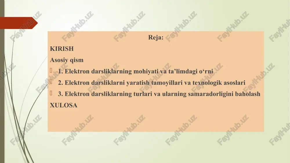 i o‘laroq, o‘quvchi bilan faol muloqotda bo‘ladi — ya’ni foydalanuvchi topshiriqlarni bajarishi, test yechishi yoki video darslarni ko‘rish orqali o‘quv jarayonida bevosita ishtirok etadi. elektron darsliklarning ta’limdagi o‘rni, eng avvalo, o‘qitishning interfaolligini oshirish va zamonaviy pedagogik texnologiyalarni amaliyotga joriy etishda namoyon bo‘ladi. masofaviy ta’lim, mustaqil o‘qish, qayta o‘zlashtirish kabi jarayonlarda ham elektron darsliklar o‘qituvchi va o‘quvchi o‘rtasidagi uzviy aloqani ta’minlaydi. shuningdek, elektron darsliklar o‘qituvchiga o‘quv jarayonini boshqarish, baholash va tahlil qilish imkonini beradi. o‘quvchi esa o‘ziga qulay va mos tezlikda bilim olish, o‘z natijalarini kuzatib borish imkoniyatiga ega bo‘ladi. shu bois, elektron darsliklar zamonaviy ta’limning asosiy vositalaridan biri sifatida o‘quv jarayonini interfaol, qiziqarli va samarali tashkil etishda katta ahamiyatga ega. 2. elektron darsliklarni yaratish tamoyillari va texnologik asoslari elektron darsliklarni yaratish jarayoni puxta pedagogik, psixologik va texnologik asoslarni talab etadi. chunki bunday darsliklar nafaqat o‘quv materiallarini yetkazuvchi vosita, balki o‘quvchini faol ishtirok etishga undovchi interfaol ta’lim resursidir. birinchidan, elektron darslik …
