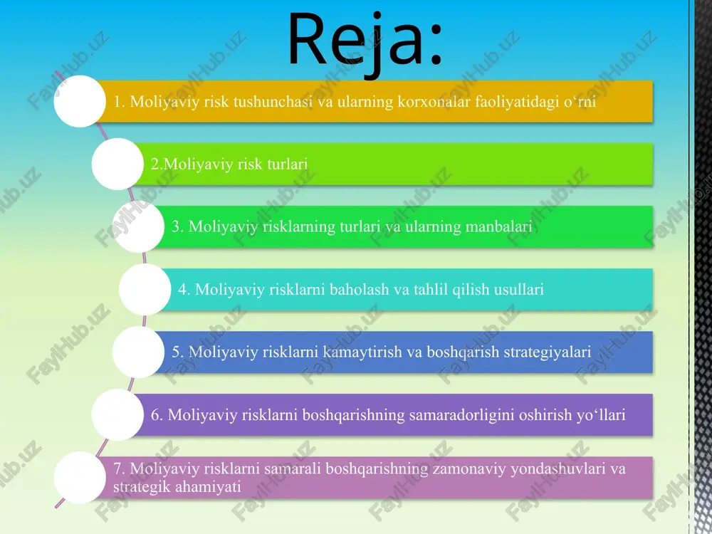 faoliyati davomida kreeditorlarga bog`liq bo`lib qoladi.shunga mos ravishda moliyaviy risk ham shuncha yuqori bo`ladi.chunki kreditlashning to`xtatilishi yoki kredit shartlarining og`irlashuvi natijasida xomashyo materiallar va boshqalarning yetarli emasligi tufayli ishlab chiqarish jarayoni to`xtab qolishi mumkin. moliyaviy risklarning mohiyati. riskning mohiyati foyda olish yoki zara ko`rish mol mulkni yo`qotish joylashtirilgan investitsiyadan olinadiganan daromadning kutilganida farqlanishi kabi ehtimol bo`lgan natijalarga asoslanadi. moliya sohasida risk keng talqinda tushuniladi.shu bois risk nafaqat daromadni qo`ldan chiqarish balki uning kutilgandan pastligi ya`ni salbiy natija balki foydaning kutilganidan yuqoriligi ya`ni ijobiy ko`rsatkich sifatida ham namoyon bo`lishi mumkin.shunga asosan moliyaviy risklarning asosiy belgilarini ajratib ko`rsatish mumkin mazkur risklar noaniqlik holatida yuzaga keladi va ularning asosiy mezoni ehtimollika asoslanadi. riskning pirovard natijasi mol-mulkni yo`qotish amaliyotda korxonalar miqyosida moliyaviy risklarni neytrallashtirishning ichki va tashqi mexanizmlari keng qo`llaniladi. bunda moliyaviy risklarni neytrallashtirishning ichki mexanizmlari sifatida risklardan qochish moliyaviy operatsiyalar bo`yicha chegaralar belgilash xedjirlash diversifikatsiyalash risklarni taqsimlash va boshqalarni keltirish mumkin. moliyaviy risk …