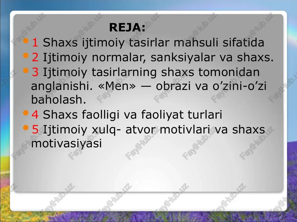 llik. ularning mohiyatini aniqroq izohlab berish, har birining psixologik tabiatini tahlil qilish maqsadga muvofiq. tushunchalar tahlili tushuncha mazmun individ odam shaxs tarbiya irsiyat muhit 1.odam sut emizuvchilar sinfiga dahldorligi biologik jonzot ekanligi odamning o’ziga xos xususiyatidir. tik yurishlik qo’llarning mehnat faoliyatiga moslashganligi, yuksak taraqqiy etgan miyaga egaligi, sut emizuvchilar tasnifiga kirishi, uning o’ziga xos tomonlarini aks ettiradi. ijtimoiy jonzot sifatida odam ong bilan qurollanganligi tufayli borliqni ongli aks ettirish qobiliyatidan tashqari o’z qiziqishlari va ehtiyojlariga mutanosib tarzda uni o’zgartirish imkoniga ham egadir. 2.shaxs mehnat tufayli hayvonot olamidan ajralib chiqqan. jamiyatda rivojlanuvchi til yordami bilan boshqa kishilar bilan (muloqot) muomalaga kirishuvchi odam shaxsga aylanadi. i,jtimoiy mohiyati shaxsning asosiy tavsifi hisoblanadi. 3.individuallik - har qanday insonning betakror, o’ziga xos xususiyatlarga egadir. shaxsning o’ziga xos qirralarining mujassam-lashuvi individuallikni vujudga keltiradi. individuallik shaxsning intellektual, emosional va irodaviy sohalarida namoyon bo’ladi. shaxs kamolotiga ta’sir etuvchi omillar irsiyat ijtimoiy muhit ta’lim-tarbiya irsiyat irsiyat– bu avloddan-avlodga tayyor …