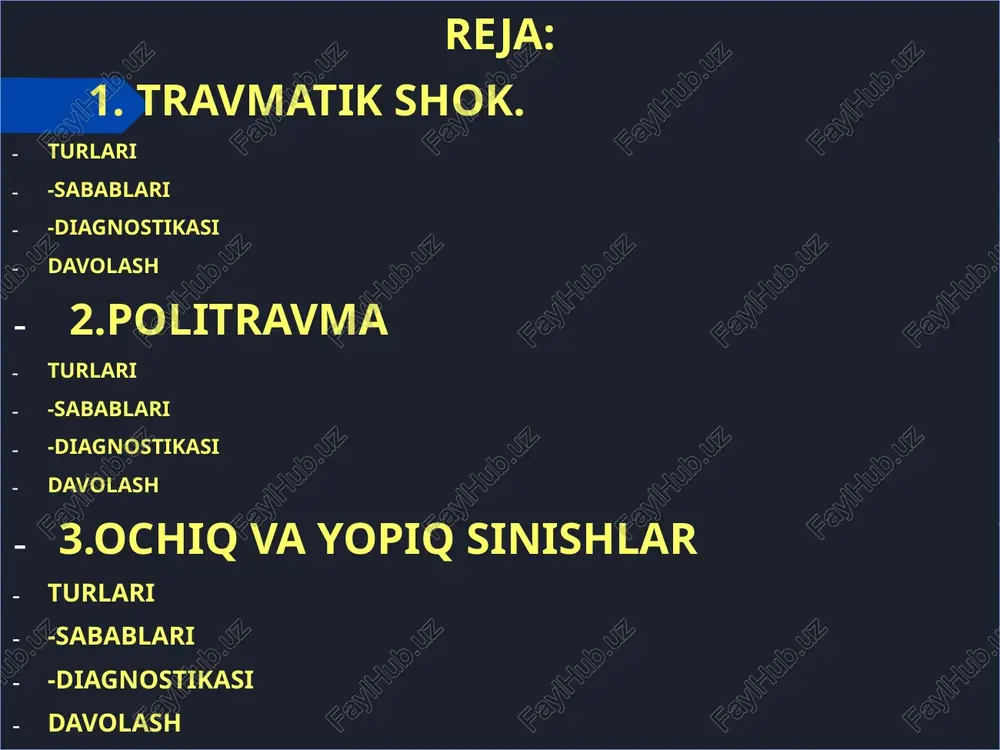 kin pasayishi. kardiogen shok: yurak faoliyatining yomonlashishi. anafillektik shok: allergik reaktsiyalar natijasida yuzaga keladi. travmatik shokning sabablari og‘ir jarohatlar: suvda yoki transportda sodir bo‘ladigan avariyalar, yuqori qismning jarohati, suyaklar qirilib ketishi. ichki qon ketishlar: jigar, miltq, yoki boshqa organlarning jarohatlanishi natijasida yuzaga keladi. oziq-ovqat yoki kimyoviy toksinlar: qon aylanishini buzadigan moddalar. travmatik shokning belgilari qon bosimining pasayishi: sistolik qon bosimi 90 mmhg dan past bo‘lishi. tez yurak urishi: yurak urish tezligi 100 urish/minutdan ko‘proq. terining rang o‘zgarishi: terining rangining oqarishi yoki ko‘karmasi, shuningdek, terining sovuq bo‘lishi. diagnostika tashxis qo‘yish usullari: klinik ko‘rik, anamnez olish, travma tarixi. laboratoriya tadqiqotlari: qon tekshiruvi (hemoglobin, qon guruhi). elektrolitlar darajasi. instrumental tadqiqotlar: ultrasonografiya (usg) — ichki qon ketishlarni aniqlash. rentgen — suyaklarning holatini baholash. travmatik shokni davolash birinchi yordam: bemorni yotqizish va oyoqlarini ko‘tarish. oziq-ovqat yoki suyuqlik berishni to‘xtatish. dori-darmonlar: suyuqliklarni (krizonal, natriy xlorid) venaga yuborish. vasopressorlar — qon bosimini oshirish uchun. jarrohlik aralashuvlar: ichki …