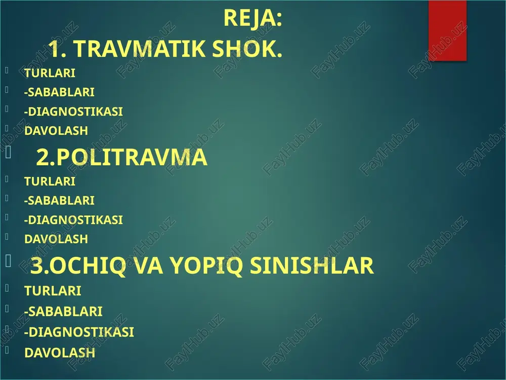 kin pasayishi. kardiogen shok: yurak faoliyatining yomonlashishi. anafillektik shok: allergik reaktsiyalar natijasida yuzaga keladi. travmatik shokning sabablari og‘ir jarohatlar: suvda yoki transportda sodir bo‘ladigan avariyalar, yuqori qismning jarohati, suyaklar qirilib ketishi. ichki qon ketishlar: jigar, miltq, yoki boshqa organlarning jarohatlanishi natijasida yuzaga keladi. oziq-ovqat yoki kimyoviy toksinlar: qon aylanishini buzadigan moddalar. travmatik shokning belgilari qon bosimining pasayishi: sistolik qon bosimi 90 mmhg dan past bo‘lishi. tez yurak urishi: yurak urish tezligi 100 urish/minutdan ko‘proq. terining rang o‘zgarishi: terining rangining oqarishi yoki ko‘karmasi, shuningdek, terining sovuq bo‘lishi. diagnostika tashxis qo‘yish usullari: klinik ko‘rik, anamnez olish, travma tarixi. laboratoriya tadqiqotlari: qon tekshiruvi (hemoglobin, qon guruhi). elektrolitlar darajasi. instrumental tadqiqotlar: ultrasonografiya (usg) — ichki qon ketishlarni aniqlash. rentgen — suyaklarning holatini baholash. travmatik shokni davolash birinchi yordam: bemorni yotqizish va oyoqlarini ko‘tarish. oziq-ovqat yoki suyuqlik berishni to‘xtatish. dori-darmonlar: suyuqliklarni (krizonal, natriy xlorid) venaga yuborish. vasopressorlar — qon bosimini oshirish uchun. jarrohlik aralashuvlar: ichki …