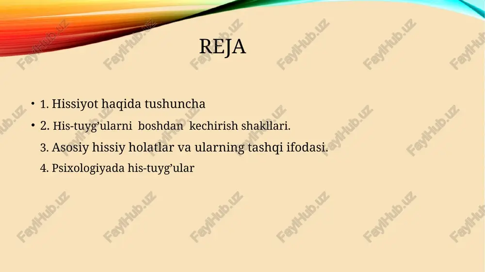 rishish va muvaffaqiyatga erishish hislari kechadi. estetik hislarda go’zallik,nafosat me’yorlaruda ma’lum did ro’yobga chiqadi va go’zallikni his qilib,badiiy lazzatlanish holati kechadi. hissiyot stenik hislar-xatti-harakatlarga,fikr-mulohaza bildirishga turtki beradigan kuch bo’lib chiqadi,kuch-g’ayratlarni oshirib yuboradi .masalan:nihoyatda xursandchilik,g’zablanish kabilar. astenik hislar-faollikni sustligi yoki loqaydligi bilan ajralib turadi.his-tuyg’ularning boshdan kechirilishi kshini bo’shashtirib yuboradi.masalan:g’am-g’ussa,ma’yuslik,afsuslanish kabilar. ko’p hollarda emotsional kechinmalarimizning mazmuniga bizning intilishlarimiz ham kiradi. shunday emotsional holatlar ham bo’ladiki,bunda intilish juda sust bo’ladi,yoki butunlay bo’lmaydi.bu xil samarasiz,passiv hissiyotlarni,odatda,sentimentallik deb ataydilar.sentimentallik-harakatsizhissiyot bo’lib,odatda,faqat so’z bilan cheklanib,oh-vohlar qilish,ba’zan ko’z yoshi to’kishdannariga bormaydi. hissiyotlar bosh miya po’stlog’ining ostki qismlari faoliyati bilan ham bog’langandir. emotsional holatlar hissiyotning kuchi. hissiotning tezligi. his-tuyg’uning barqarorligi. emotsional holatlarning asosiy turlari. kayfiyat frustratsiya stress affekt ehtiyojlarning qondirilishi yoki qondirilmasligi kishida turli xil shakldagi o’ziga xos kechinmalarni:emotsiyalarni,affektlarni (hissiy bo’ronlar)ni,kayfiyatlarni,kuchli hayajonlanishni(stress)holatlarini va his-tuyg’ularni hosil qiladi. shaxs xatti-harakatiga va ayrim ruhiy jarayonlariga muayyan vaqt davomida tus berib turuvchi emotsional holat kayfiyat deb ataladi.shaxsning hayoti va faoliyati davomida shodonlik,hazilkashlik,umidsizlik,jur’atsizlik,zeikish,qayg’urish singari …