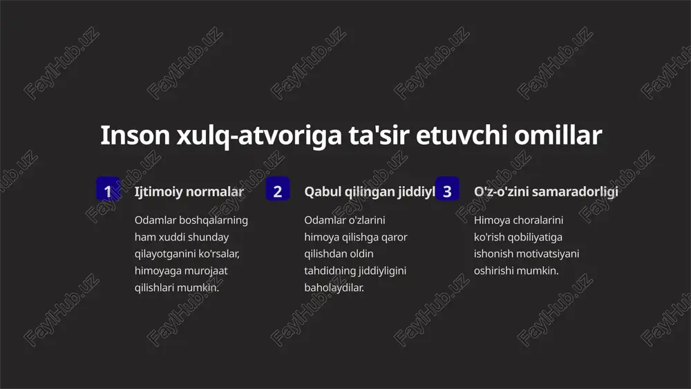 ot bering va himoya choralarini ko'rish muhimligi haqida xabardorlikni oshiring. 2 rag'batlantirish va mukofotlar jismoniy shaxslarni himoya xatti-harakatlariga jalb qilish uchun aniq imtiyozlar yoki mukofotlarni taklif qiling. 3 normativ xabarlar boshqalar harakat qilayotganini ko'rsatib, himoya qilishning ijtimoiy normasini ta'kidlang. xulosa va asosiy xulosalar inson xulq-atvorini tushunish himoya qarorlariga ta'sir etuvchi psixologik omillarni tan olish samarali aralashuvlar uchun juda muhimdir. o'zgarish empatiyani talab qiladi empatiyani shakllantirish va xatti-harakatlarni o'zgartirishni rag'batlantirish uchun himoyaning hissiy jihatlarini ta'kidlang. qo'llab-quvvatlovchi muhitlarni yaratish himoya xatti-harakatlarini oson va qulayroq qiladigan jismoniy va ijtimoiy kontekstlarni loyihalash. e’tiboringiz uchun rahmat! image1.png image2.png image3.png image4.png image5.png