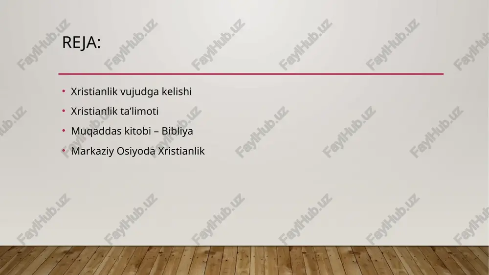 osiyoda mavjud boʻlganini cherkov, monastir, xristianlikka oid buyum, qabrtosh hamda tanga kabi tarixiy ashyoviy dalillar isbotlaydi. arablar bu hududni egallaganidan soʻng xristian jamoalarining faoliyati toʻxtagan. xristianlikning turkiston oʻlkasida keyingi paydo boʻlishi 19-asrning 40-yillariga toʻgʻri keladi. e’tiboringiz uchun rahmat image2.jpeg image3.jpeg image4.jpeg image5.png image1.jpeg