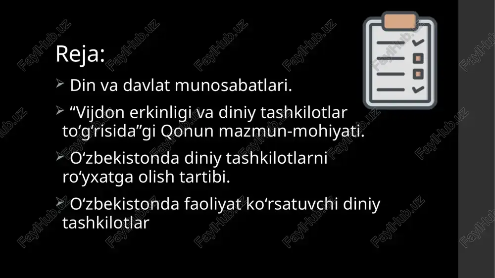lida hech qanday diniy ma’lumotga ega bo‘lmay, moliyaviy yordam ko‘rsatish hisobiga respublikamiz hududidagi diniy tashkilotlarga rahbarlik qilib olib, missionerlik faoliyati bilan shug‘ullanar edilar. ularning asosiy maqsadi turli yo‘llar va usullar bilan bilan o‘z saflarini mahalliy millat vakillari hisobiga kengaytirishdan iborat edi. o‘zbekistonda diniy tashkilotlarni ro‘yxatga olish tartibi. respublikamiz fuqarolarining dinga e’tiqod qilish, ibodat, rasm-rusumlar va marosimlarini birgalikda ado etish maqsadida tuzilgan ko‘ngilli birlashmalari (diniy jamiyatlar, diniy o‘quv yurtlari, masjidlar, cherkovlar, sinagogalar, monastirlar va boshqalar) diniy tashkilotlar deb e’tirof etiladi.mamlakatimizda diniy tashkilotlarni tashkil etish, davlat ro‘yxatidan o‘tkazish yoki faoliyatini tugatish vazirlar mahkamasining 1998 yil 20 iyundagi “o‘zbekiston respublikasida diniy tashkilotlarni davlat ro‘yxatidan o‘tkazish tartibi to‘g‘risida”gi qaroriga asosan olib boriladi diniy tashkilotlar o‘zbekiston respublikasining 18 yoshga to‘lgan va respublika hududida doimiy yashayotgan 100 nafardan kam bo‘lmagan fuqarolari tashabbusi bilan tuzilishi mumkin. tashkilot ustavi qabul qilingandan keyin bir oy muddatda barcha zarur ta’sis hujjatlari adliya vazirligi yoki uning joylardagi idoralariga taqdim etilishi zarur. …