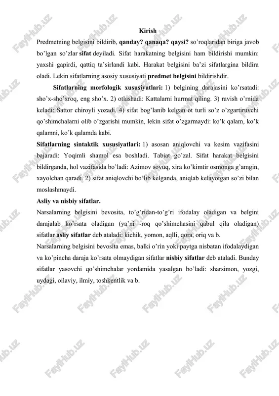 jalari predmetlardagi bir xil belgining ortiq kamligi jihatidan farqlanishi sifat darajasi deyiladi. sifatlarning quyidagi darajalari bor: oddiy daraja, orttirma daraja, qiyosiy daraja, ozaytirma daraja. 1. oddiy darajadagi sifatlarda belgi boshqa predmetlardagi xuddi shunday belgiga qiyoslanmaydi. bu daraja belgining odatdagi me’yorda ekanligini ko’rsatadi va maxsus ko’rsatkichga (qo’shimchaga) ega emas: keng ko’cha, yashil barg, yaxshi odam. 2. orttirma daraja predmetdagi bir belgining boshqa predmetdagi xuddi shunday belgiga nisbatan eng ko’p ekanligini ifodalaydi. orttirma daraja quyidagi usullar yordamida hosil qilinadi: · morfologik usul: a) so’zning birinchi bo’g’ini ajratilib, unga keyingi bo’g’indagi birinchi undosh qo’shiladi-da, yopiq bo’g’in hosil qilinadi va undan keyin to’liq shakli takrorlanadi: dum-dumaloq, pak-pakana; b) so’zning oldingi ikki tovushi ajratilib unga p, m tovushlaridan biri qo’shiladi va undan keyin so’zning o’zi takrorlanadi: yap-yangi, ko’m-ko’k; v) so’zning birinchi bo’g’inidan keyin –ppa shakli qo’shiladi: soppa-sog’, to’ppa-to’g’ri. · leksik usul: a) maxsus kuchaytiruvchi so’zlar orqali ifodalanadi: eng kichik, hammadan chiroyli, zap g’alati, beqiyos chiroyli, …