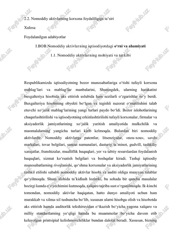 lib, xususan ularni hisobga olish va hisobotda aks ettirish hamda auditorlik tekshiruvidan o‘tkazish bo‘yicha yagona xalqaro va milliy standartlarning yo‘qligi hamda bu muammolar bo‘yicha davom etib kelayotgan printsipial kelishmovchiliklar bundan dalolat beradi. xususan, bizning respublikamizda ham nomoddiy aktivlarni auditorlik tekshiruvidan o‘tkazish bo‘yicha uslubiy ko‘rsatmalar hali ishlab chiqilmagan. hozirgi kunda nomoddiy aktivlarni hisobda va hisobotda aks ettirish masalalariga sezilarli darajada e’tibor kuchaydi. bular iqtisodiy aloqalarning rivojlanishi va chet el investitsiyalarining ko‘plab jalb qilinishi, moliya bozorlarining rivojlanishi; jahon iqtisodiyotida yakkahokimlik uchun raqobatli kurashning kuchayishi, fan-texnika taraqqiyotining jadallashishi va murakkablashuvi kabi jahon iqtisodiy taraqqiyoti umumiy tendensiyalarining qonuniy oqibati hisoblanadi. mavjud me’yoriy hujjatlar va amaliy tajribaga tayangan holda nomoddiy aktivlar auditini quyidagi tartibda o‘tkazish maqsadga muvofiqdir: hisob obyektlarining nomoddiy aktivlar qatoriga to‘g‘ri kiritilganligi, intellektual mulk, sanoat namunalari va shunga o‘xshashlar uchun korxonaga mulkiy huquq beradigan hujjatlarni tahlil qilish, hujjatlarda aks ettirilgan qiymat ko‘rsatkichlarini o‘rganish, nomoddiy aktivlar kirimi, eskirish hisoblash va hisobdan chiqarilishiga doir muomalalarning …