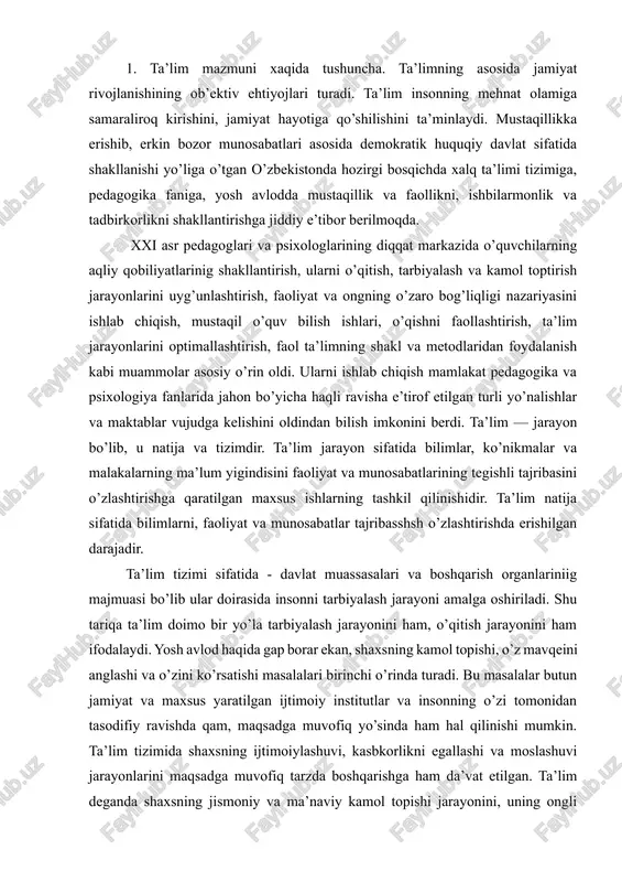 p borar ekan, shaxsning kamol topishi, o’z mavqeini anglashi va o’zini ko’rsatishi masalalari birinchi o’rinda turadi. bu masalalar butun jamiyat va maxsus yaratilgan ijtimoiy institutlar va insonning o’zi tomonidan tasodifiy ravishda qam, maqsadga muvofiq yo’sinda ham hal qilinishi mumkin. ta’lim tizimida shaxsning ijtimoiylashuvi, kasbkorlikni egallashi va moslashuvi jarayonlarini maqsadga muvofiq tarzda boshqarishga ham da’vat etilgan. ta’lim deganda shaxsning jismoniy va ma’naviy kamol topishi jarayonini, uning ongli ravishda ayrim ibratli qiyofalarga yo’nalishi va tarixan maydonga kelib, ijtimoiy ongda ma’lum darajada yorqin iz qoldirgan ijtimoiy namuna (masalan, sparta jangchmsi, xushaxloq ruhoniy yeki serg’ayrat ishbilarmondek) bo’lishga, har tomonlama barkamollikka intidish jarayonini tushunish mumkin. ana shu tushunchaga ko’ra ta’lim butun jamiyat va shaxslar hayotining ajralmas jixati sifatida namoyon bo’ladi va so’zning keng ma’nosidagm «tarbiya» tushunchasiga o’xshaydi. lskin ko’p ma’noliligi ko’rsatilmasa «ta’lim» so’zini to’liq anglab bo’lmaydi. masalan, ta’lim deganda ma’lum hajmdagi bilimlar, ko’nikma va malakalarni o’zlashtirish tushuniladi. ta’limga shaxsni o’qitish va kamol toptirish jarayonining tegishli …