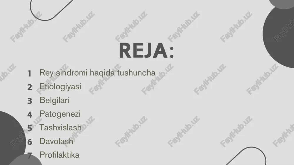 ng nisbiy xavfi 35: 1 ni tashkil qiladi. bu kasallikning asosiy qo'zg'atuvchilaridan biri hisoblanadi. genetik omillar va metabolik kasalliklar mcad etishmovchiligi kabi irsiy metabolik kasalliklar ham kasallikning rivojlanishiga hissa qo'shishi mumkin. ushbu sharoitlar organizmning toksinlarga sezuvchanligini oshiradi va jigar faoliyatini buzadi. cyp450 gen polimorfizmi ham salitsilat metabolizmida rol o'ynaydi. ma'lum genetik xususiyatlarga ega bo'lgan odamlarda rey sindromi rivojlanish xavfi yuqori. sabablar mexanizm virusli infektsiyalar yallig'lanish aspirinni qabul qilish yog 'kislotalarining β- oksidlanishini buzadi genetik kasalliklar toksinlarga sezgirlikni oshiradi belgilari bolada ko'ngil aynishi va takroriy qusish bor, keyin psixonevrologik kasalliklar birlashadi. ular quyidagilarni o'z ichiga oladi: uyqusizlik; befarqlik; chalkashlik; orientatsiyaning buzilishi; asabiylashish; gallyutsinatsiyalar. boshqa organlarning funktsiyalari ham buziladi: yurak urish tezligi va nafas olish tezligi ortadi. patogenezi bolalarda reye sindromining rivojlanish mexanizmi yoki patogenezi to'liq tushunilmagan. shifokorlarning fikriga ko'ra, bu kasallik mitoxondriya ichidagi mayda tuzilmalarga zarar etkazadi. ular organlarni energiya bilan ta'minlaydi, bu jigar va miyaning normal ishlashi uchun juda muhimdir. …