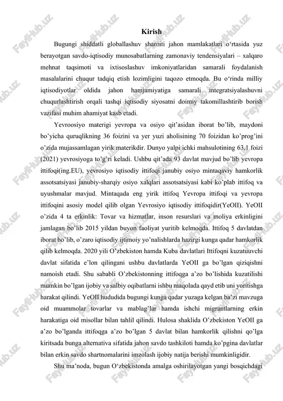 qayd etib uni yoritishga harakat qilindi. yeoii hududida bugungi kunga qadar yuzaga kelgan ba’zi mavzuga oid muammolar tovarlar va mablag’lar hamda ishchi migrantlarning erkin harakatiga oid misollar bilan tahlil qilindi. hulosa shaklida o’zbekiston yeoii ga a’zo bo’lganda ittifoqga a’zo bo’lgan 5 davlat bilan hamkorlik qilishni qo’lga kiritsada bunga alternativa sifatida jahon savdo tashkiloti hamda ko’pgina davlatlar bilan erkin savdo shartnomalarini imzolash ijobiy natija berishi mumkinligidir. shu maʼnoda, bugun oʻzbekistonda amalga oshirilayotgan yangi bosqichdagi islohotlar samarasi jahon iqtisodiyoti tizimiga integratsiyalashishga, ayniqsa, hududiy jihatdan yaqin mamlakatlar bilan savdo-iqtisodiy munosabatlarni rivojlantirishga ham bogʻliqdir. shu nuqtayi nazardan, mdh doirasida savdo-iqtisodiy munosabatlarni iqtisodiy integratsiyaning muhim koʻrinishi hisoblangan yagona bojxona ittifoqi doirasida rivojlantirish, uning tashkiliy va huquqiy asoslarini takomillashtirish, bugungi kunning eng dolzarb masalalaridan biri boʻlib qolmoqda. ekspertlarning taʼkidlashlaricha, bu borada yevroosiyo iqtisodiy ittifoqi (yeoii) sobiq ittifoq hududidagi omadli va istiqbolli integratsiya loyihasidir. 1995-yilda rossiya federatsiyasi va belorus respublikasi oʻrtasida imzolangan “bojxona ittifoqi toʻgʻrisida”gi bitimga asoslangan …