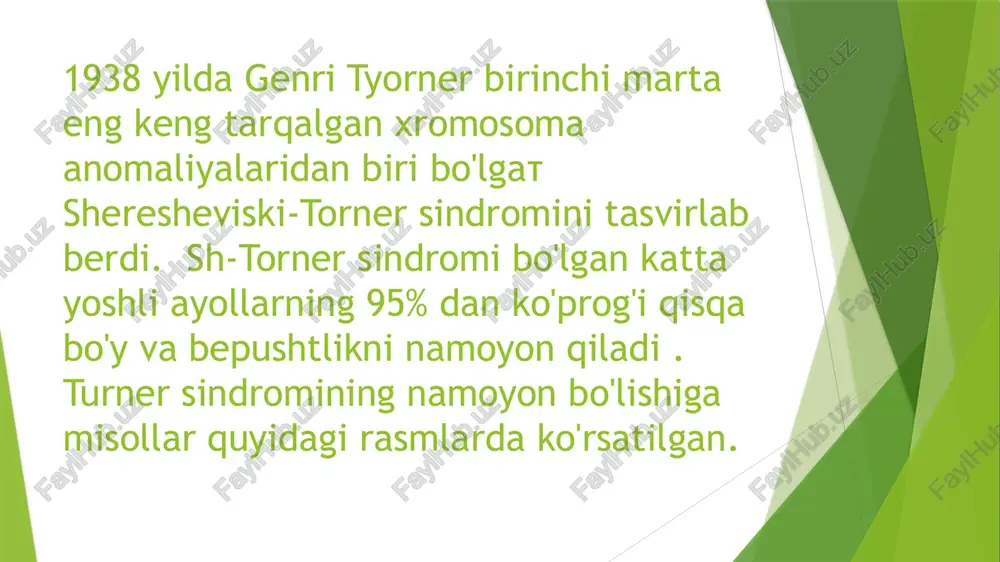 m o'sishi - 75% yassilangan ko'krak - 55% qisqa bo'yin - 50% valgus egriligi - 45% oyoqlarda va qolda tirnoqlarning o`zgarishi - 75% shereshevskiy-tyorner sindromi bo'lgan odamlar uchun tekshiruv natijalari quyidagicha bo'ladi: qon testida - estrogenlar miqdorining pasayishi va gipofiz gormonlari (gonadotropinlar), ayniqsa follitropinning ko'payishi. siydikda gonadotropinlarning sutkalik chiqarilishining ortishi va estrogenlarning kamayishi. ultratovush tekshiruvi tuxumdonlarni topmaydi, bachadon kam rivojlangan ko'rinishga ega. rentgen tekshiruvi osteoporozni (suyak to'qimalarining kamdan-kam hollarda) va suyak skeletining rivojlanishidagi turli xil anomaliyalarni aniqlaydi. ko'pincha, ushbu sindromdan aziyat chekadigan odamlarda diabetes mellitus, yo'g'on ichakning yallig'lanishi va oshqozon-ichakdan qon ketishi, guatr va tiroidit kabi kasalliklar bo'ladi. genetik tadqiqot tashxisni tasdiqlaydi. etiboringiz uchun rahmat )) image1.png image2.png image3.jpeg image4.jpeg image5.jpeg image6.jpeg image7.jpeg image8.jpeg image9.jpeg image10.jpeg