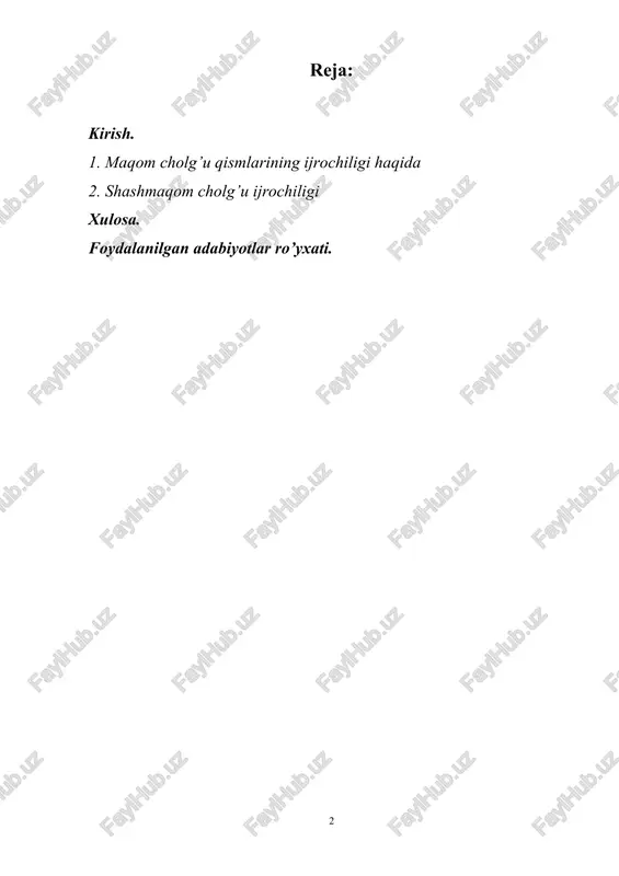 turkumlarining eng so’nngi shaklidir va bundan taxminan ikki asr ilgari (xviii a.) shakllangan. [footnoteref:1] [1: i. rajabov. maqomlar. toshkent, 2006-yil, 11-12-betlar.] shashmaqom cholg’u yo’llari xalq musiqasidagi kabi rang-barangligi, jozibadorligi va boy mazmunga ega bo’lganligi ularning qiymatini yanada oshiradi. maqomlarning cholg’u yo’llari tinglab ko’rilsa, ular ham mungli, ham muloyim, ham orombaxsh, ham kishiga shijoat baxsh etuvchi kuylardan iborat ekani aniq seziladi.[footnoteref:2] [2: i. rajabov. maqomlar. toshkent, 2006-yil, 181-bet.] “shashmaqom cholg’u ashula bo’limidagi kuy va ashula yo’llarining eshituvchilarga to’g’ri yetib borishi ularga zavq va lazzat bag’ishlay olishi ularni boshqa muzika asarlari kabi yaxshi ijro etilishiga bog’liq “[footnoteref:3]. [3: i.rajabov, “maqomlar masalasiga doir” toshkent, 1963-yil 268-bet. ] “maqom ijrochiligida qochirim va nolish qilish vositalaridan foydalana olish masalasiga ham alohida ahamiyat bermoq lozim. bu siz maqom yo’llarining badiiy-estetik ta’sir kuchi sezilmay qoladi”[footnoteref:4] [4: shashmaqom vi jild. yozib oluvchi yu.rajabiy toshkent,1975-yil 187-bet.] maqom cholg’u qismlarining ijrochiligi maqomlarning ijrochiligi tarixiga nazar tashlar ekanmiz, maqomlarning ijro etilishida …